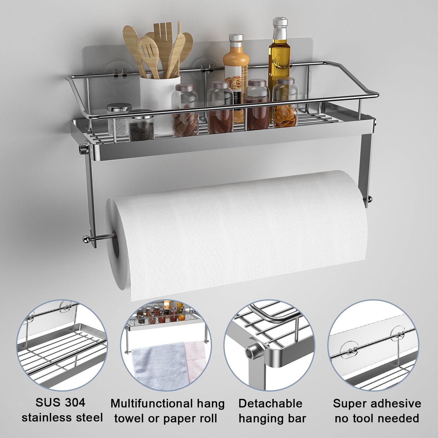 Paper Towel Holder Shelf, 2 In 1 Kitchen Spice Rack With Adhesive Paper Towel Holder For Bathroom, Stainless Steel Paper Towel H