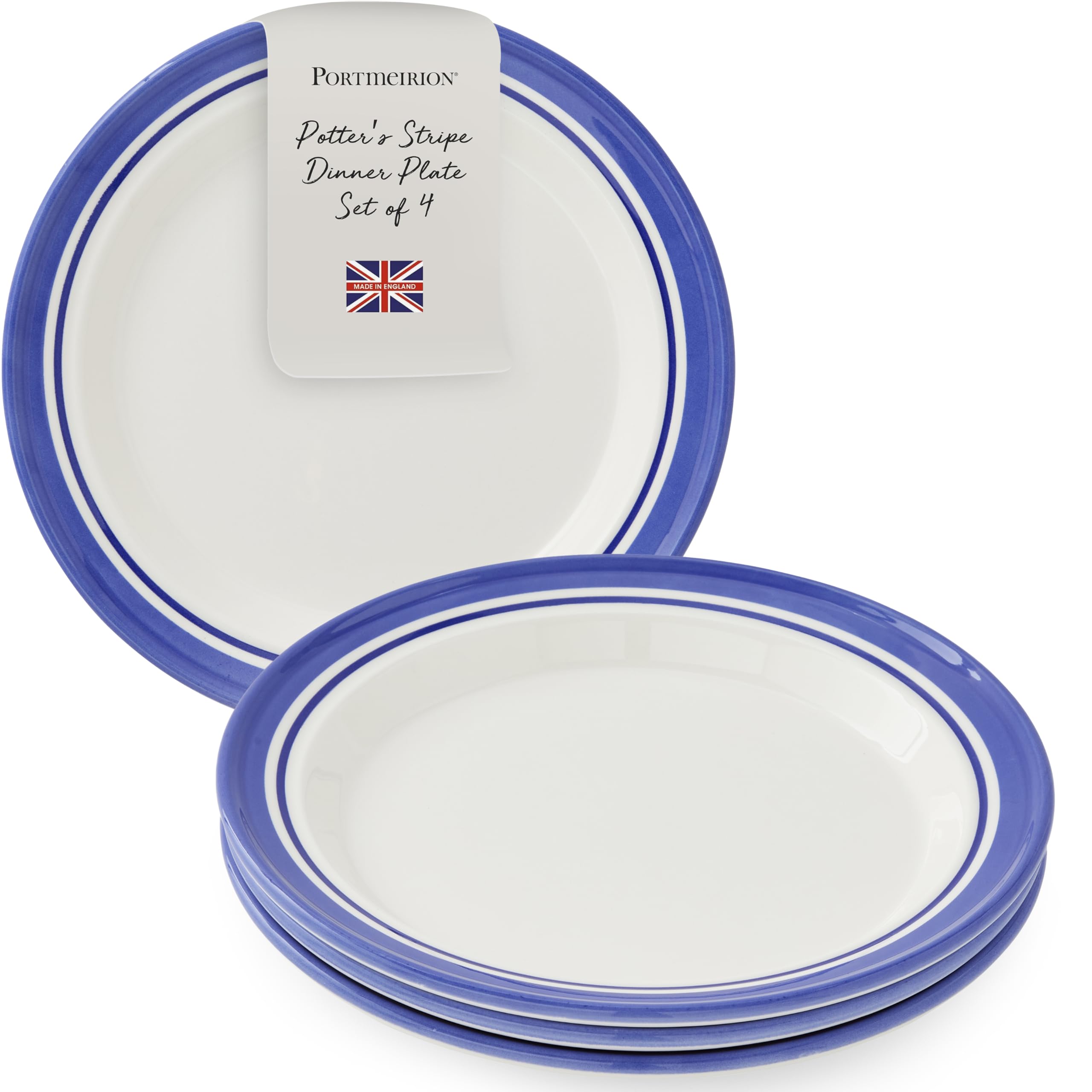 Portmeirion Potters Stripe Dinner Plate (Set of 4) - 10.5 Earthenware Plates with Classic Striped Rim - Microwave, Dishwasher, 