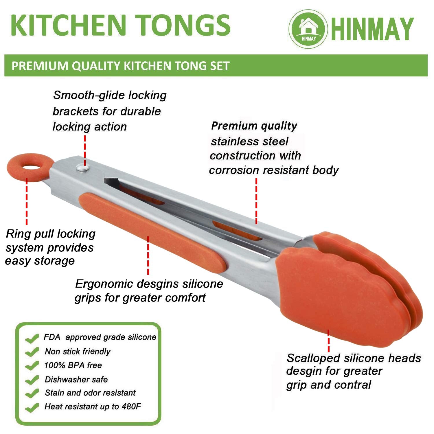 Hinmay 7-Inch Stainless Steel Tongs With Silicone Tips Locking Metal Food Tongs, Set Of 3 (Orange)