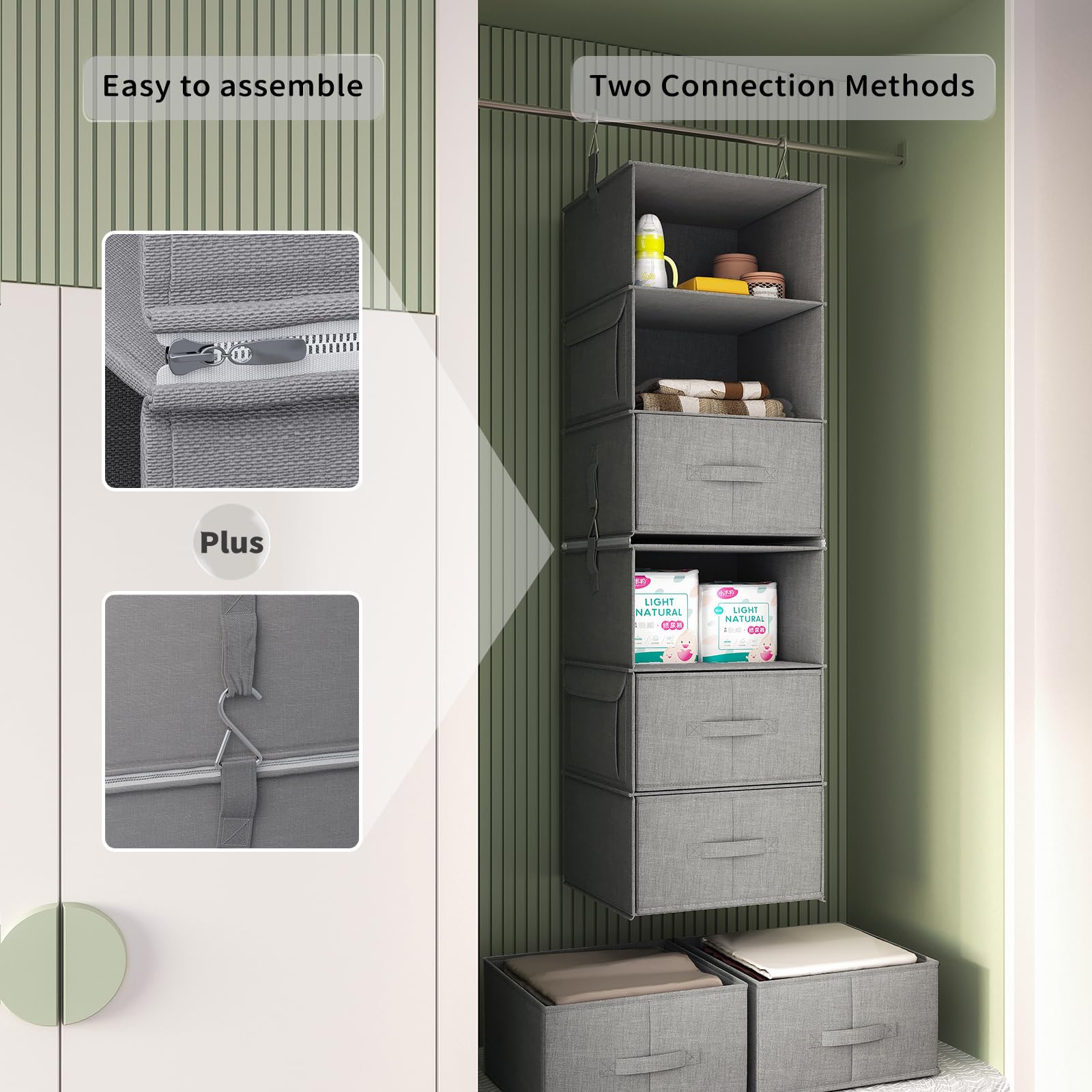 Vailando 6-Tier Hanging Shelves For Closet, Two 3-Shelf Hanging Closet Organizer W/ 4 Side Pockets And 3 Drawers, Combinable For