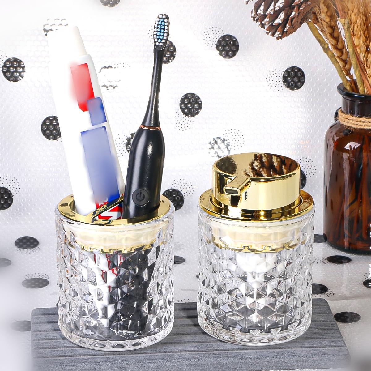 Fvstar Clear Bathroom Accessories Set, 2pcs Glass Bathroom Accessory Set with Foam Soap Dispenser and Toothbrush Holder, Gold Fo