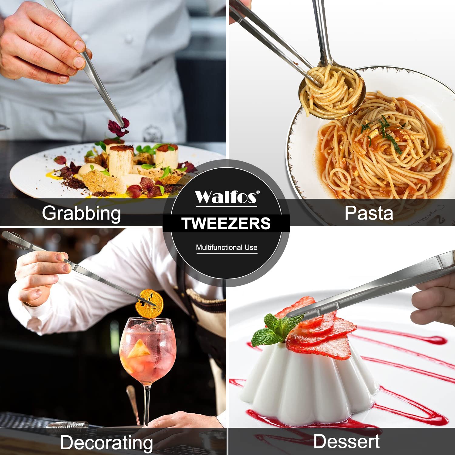 WALFOS Tweezer Tongs for Cooking Kitchen Tweezers Stainless Steel Pasta Tweezers Tongs for Cooking  Roasting  Grabbing Small Objects  Dessert  BBQ Spaghetti 3 Pcs (8+10+12-Inch)