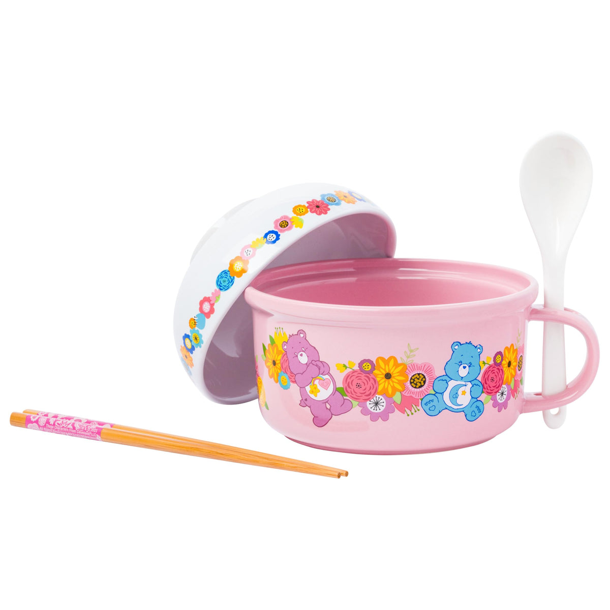 Silver Buffalo Care Bears Soup Mug And Bowl Lid With Spoon And Chopsticks Featuring Bedtime Bear, Best Friend Bear, Wish Bear, A