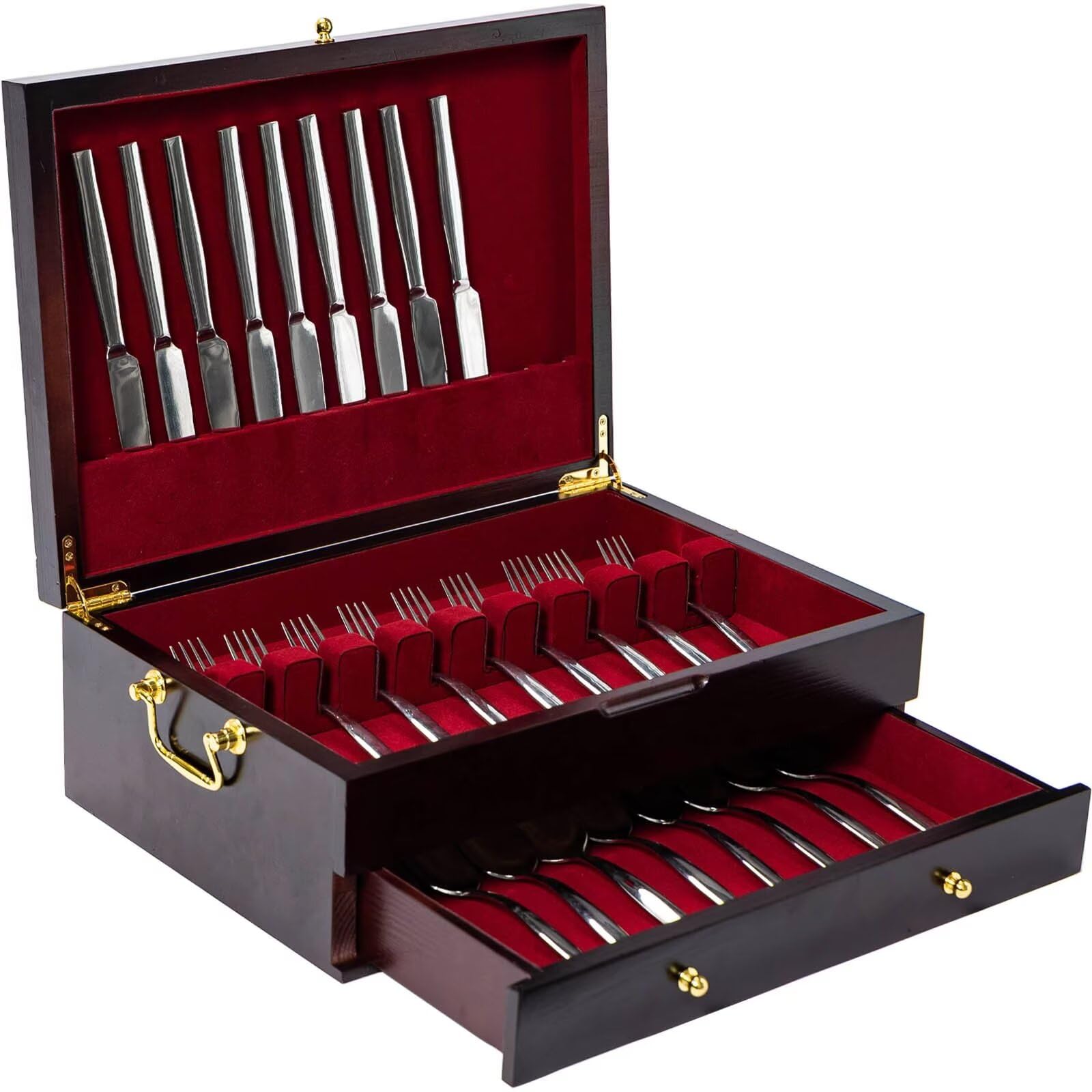 Genrice Wooden Silverware Chest Without Silverware Double-Layer, Silverware Box Storage For Silver, Silverware Case With Handle