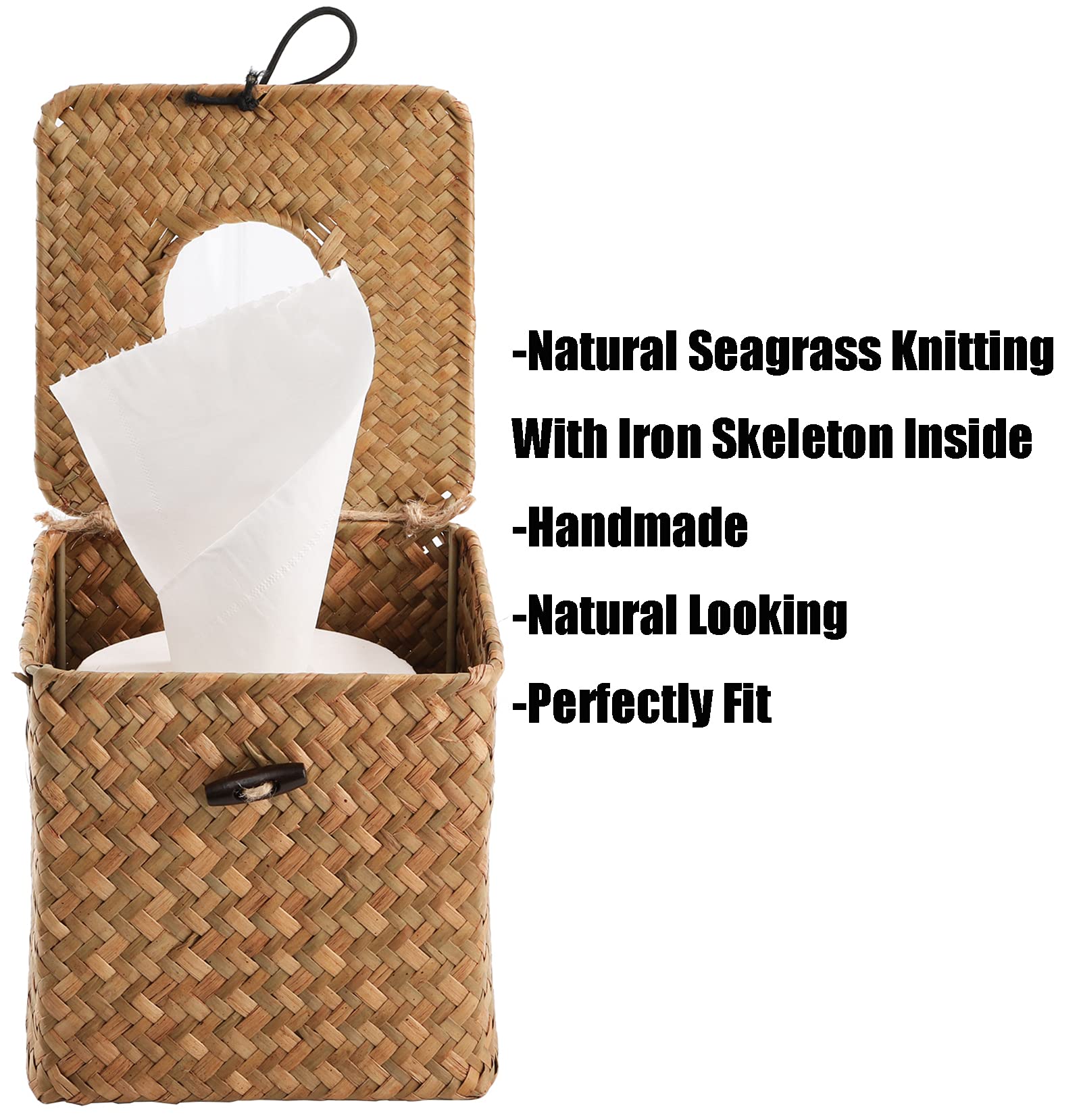 Yesland 2 Pack Square Seagrass Facial Tissue Box - Decorative Woven Paper Holder Napkin Dispense - 5 X 5 X 5 Inches Rattan Tissu