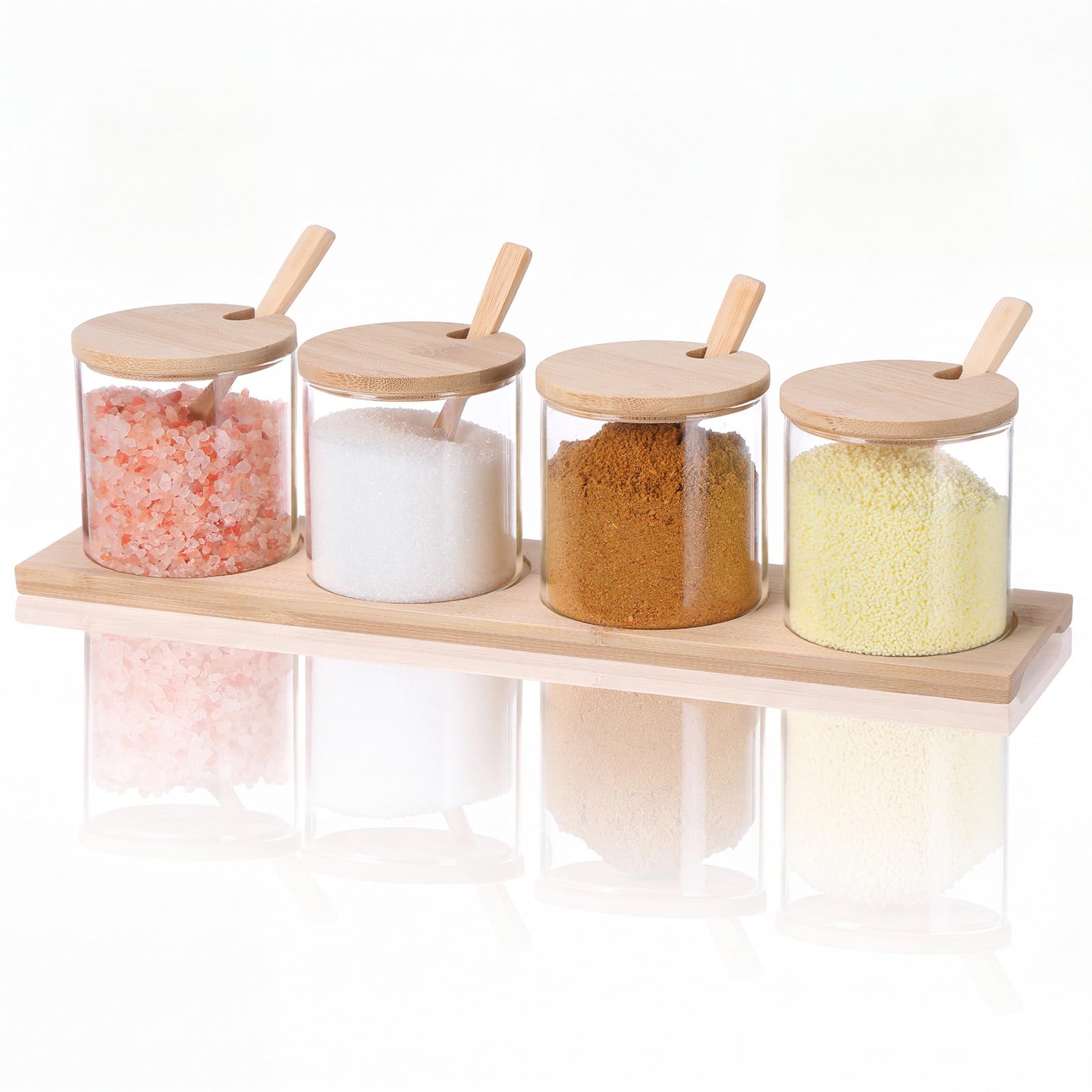 Zubebe 4 Pcs 10 oz Clear Glass Seasoning Jar with Wooden Lid and Spoon
