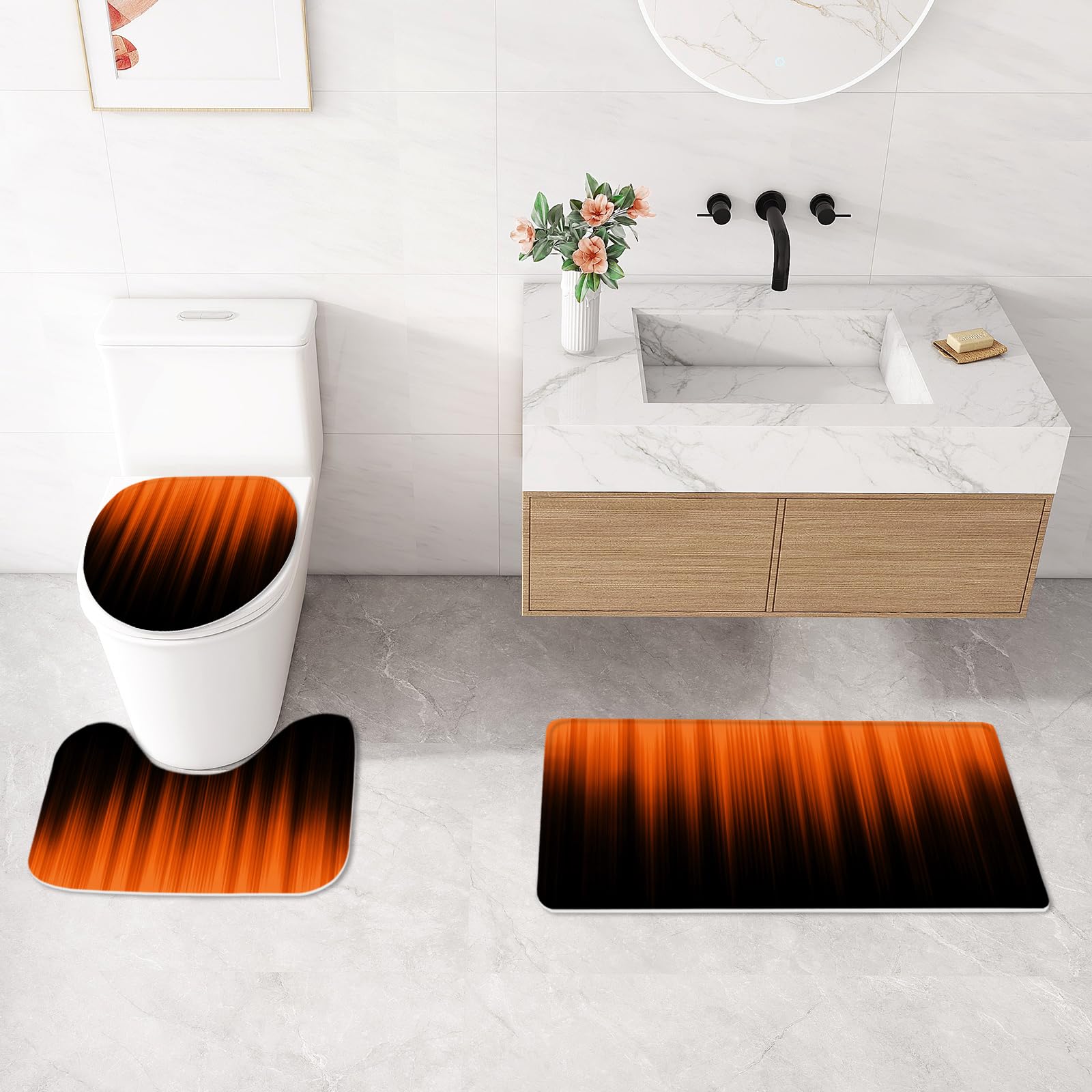 Litabel 4 Pcs Orange And Black Gradient Shower Curtain Set With Rugs And Toilet Lid Cover, Modern Simple Waterproof Fabric Bathr