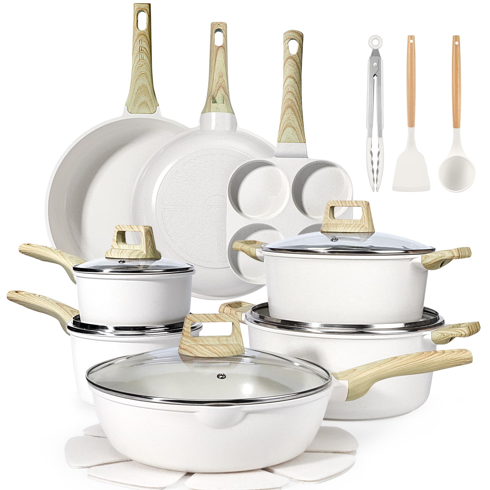 GiPP Ceramic Pots and Pans Set Non Stick  22Pcs Nonstick Cookware Set, NonToxic Healthy Kitchen Cooking Set w/Frying Pans Set,