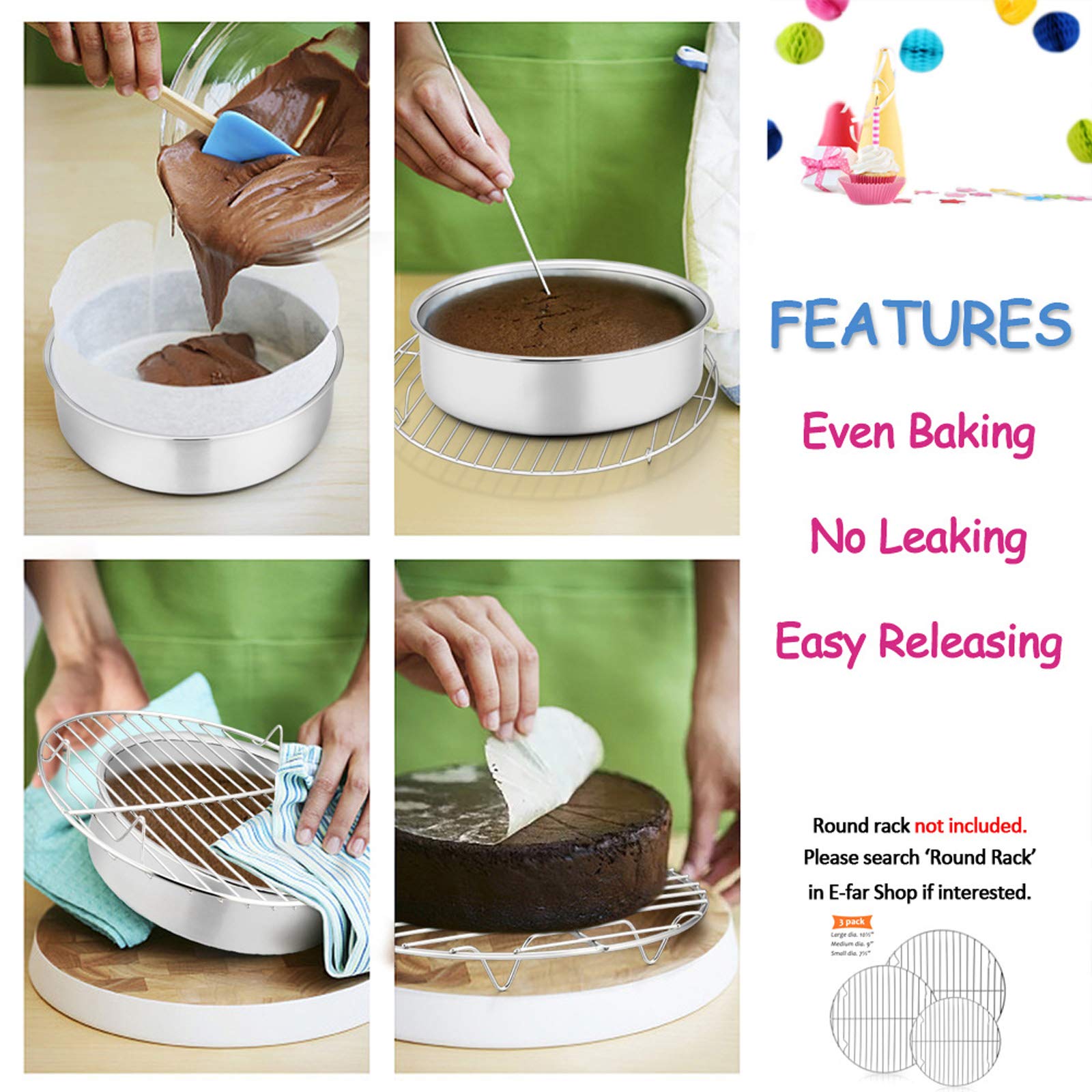 E-far 6 Inch Cake Pan Set of 2  Stainless Steel Round Smash Cake Baking Pans  Non-Toxic & Healthy  Mirror Finish & Dishwasher Safe