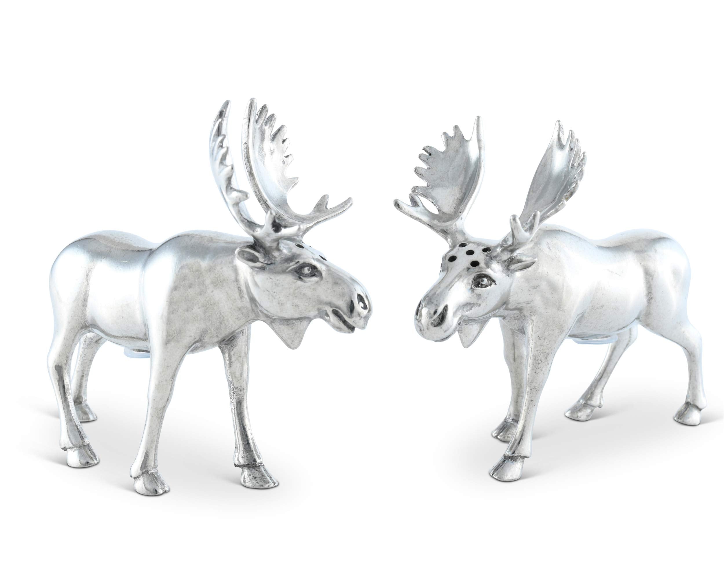 Vagabond House Pewter Metal Moose Salt And Pepper Set Artisan Designer Handcrafted For Cabin Lodge Mountain D  Cor 4.5 Inch Tall