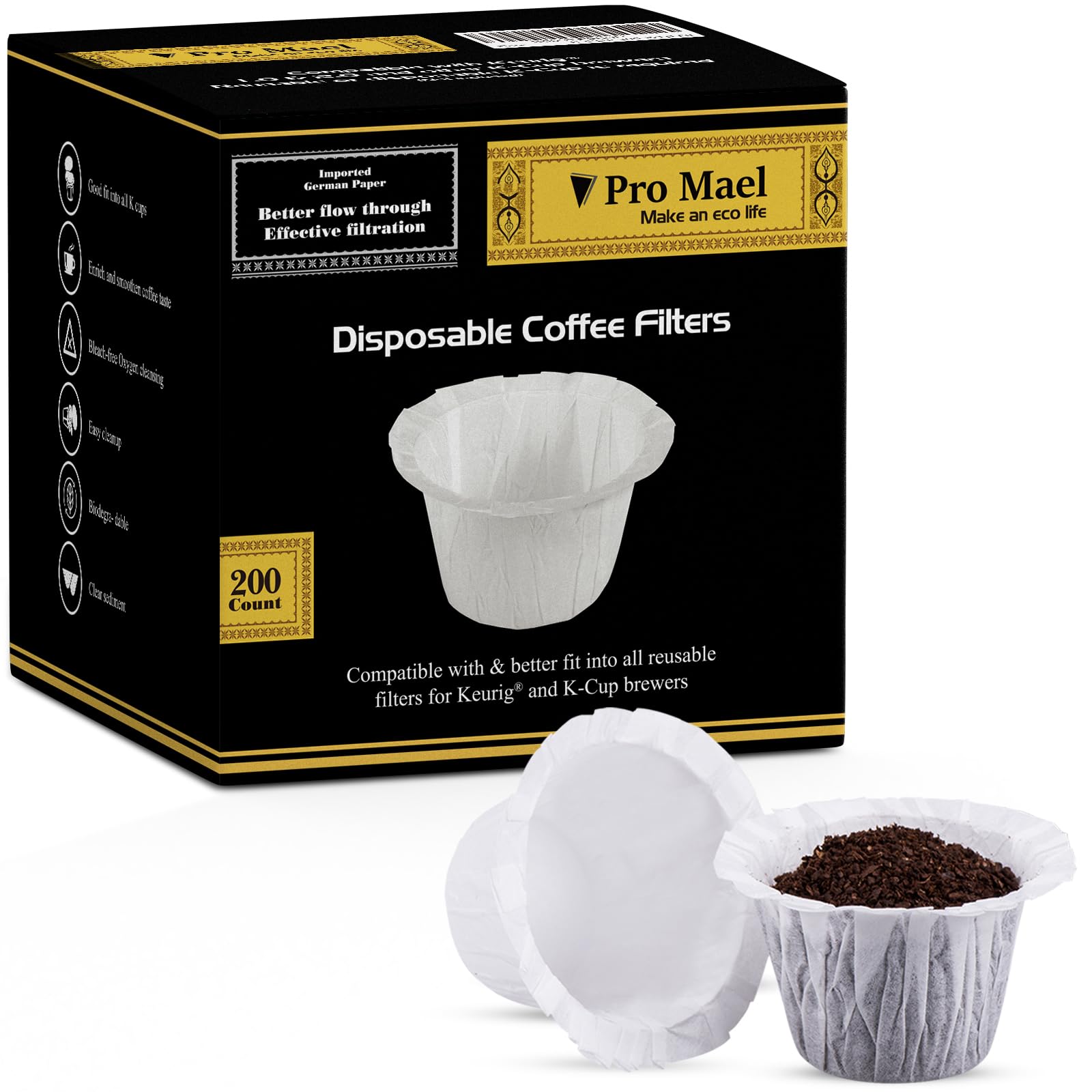 Pro Mael 200 Count Disposable K Cup Coffee Filters for Keurig Single Cup  Use with Resusable K Cups  White