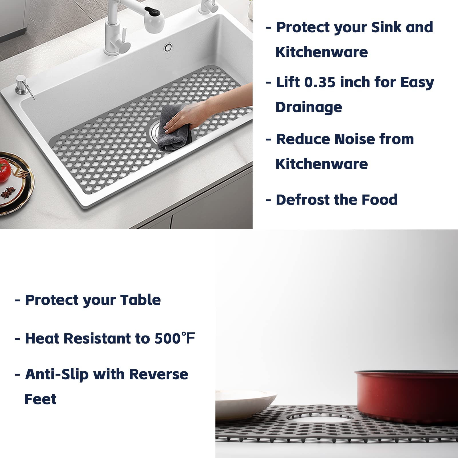 Silicone Sink Mat, 24.6''X 12.9'' Kitchen Sink Protector Grid For Bottom Of Center Drain Sink, Twinnekyr Grey Non-Slip Heat Resi