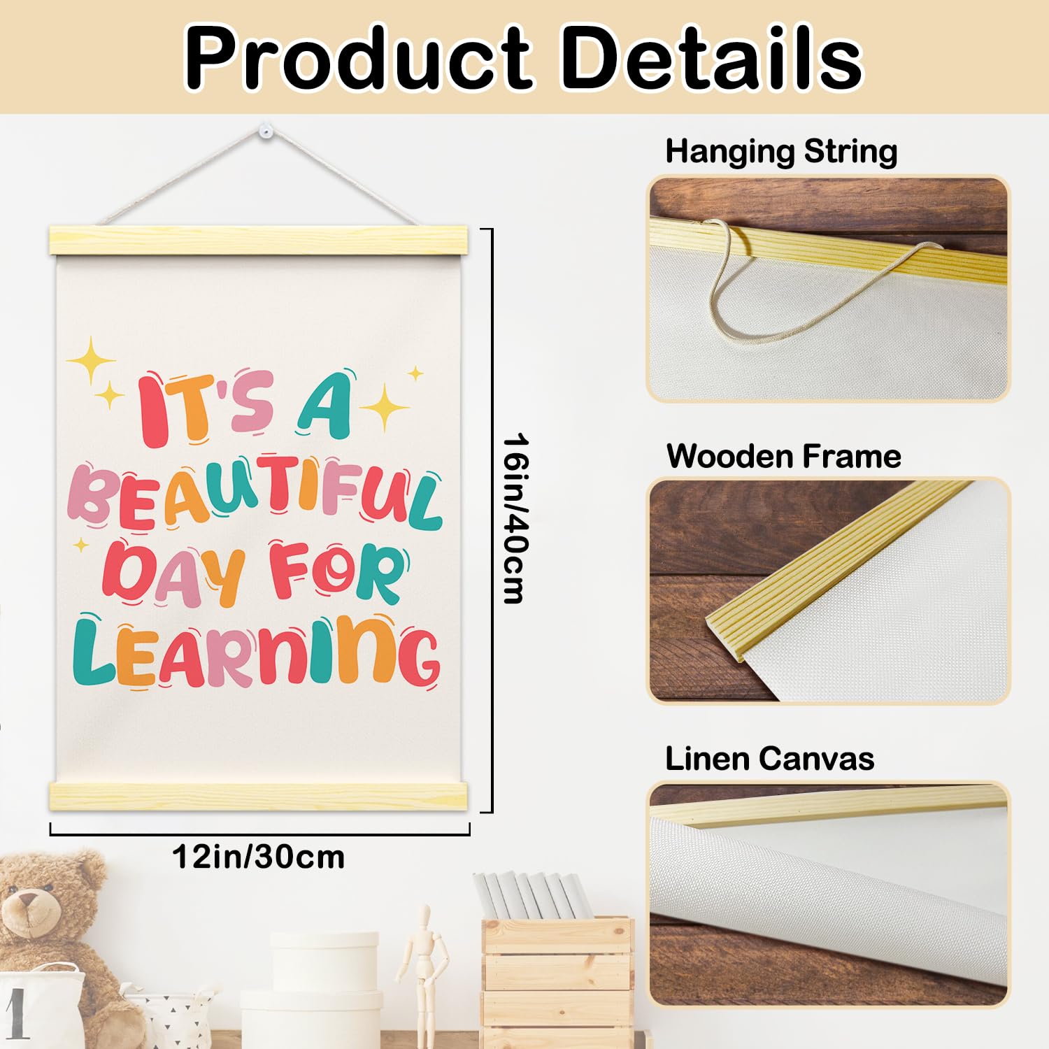 It s a Beautiful Day for Learning Posters Hanger Frame Classroom Reading Room Wall Art Decor Hanging Poster 16x12 Inch Gifts for