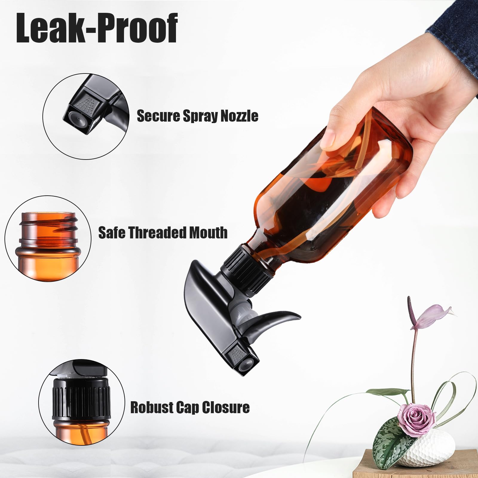 Geartrust Plastic Spray Bottles Small, Mister Squirt Bottle 2 Pack, 10.1 Oz Amber Refillable Empty Water Spray Bottles With Adju
