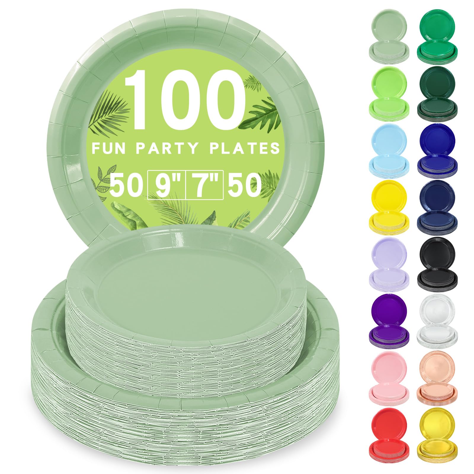 LANLISA 100 Sage Green Paper Plates Set Includes 50-9 & 50-7 Disposable Dessert Cake Paper Plates For Party Supplies