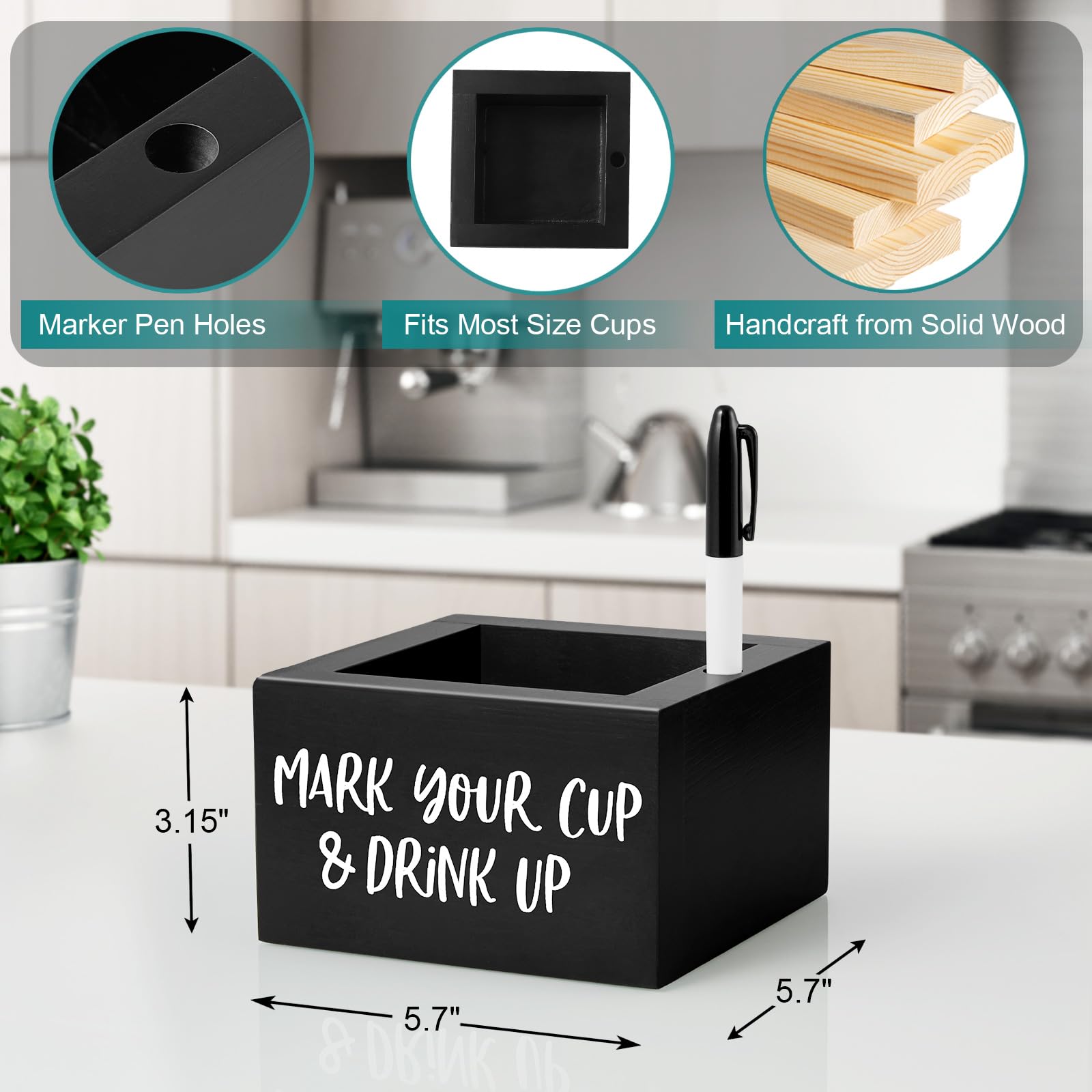 Drastar Cup Holder With Marker Slot, Mark Your Cup And Drink Up Caddy, Farmhouse Drink Holder For Party Bar, Black Wood Disposab