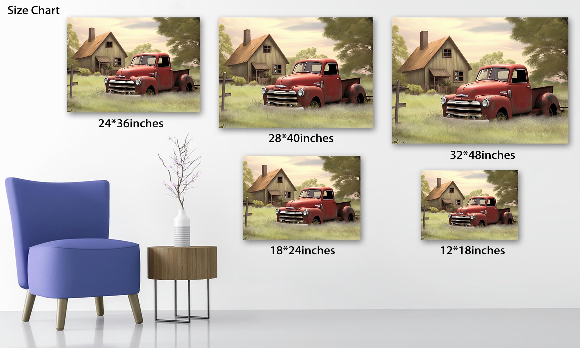 Farmhouse Truck Wall Art, Old Truck Canvas Prints, Barn Picture Wall Art For Rustic Home Decor, Rustic Landscape Canvas Painting