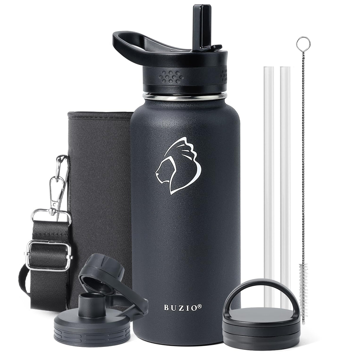 Buzio 32 Oz Water Bottle Insulated With Straw & 3 Lid And Carrying Pouch, Leak Proof Anti-Slip Stainless Steel Water Flask Jug,