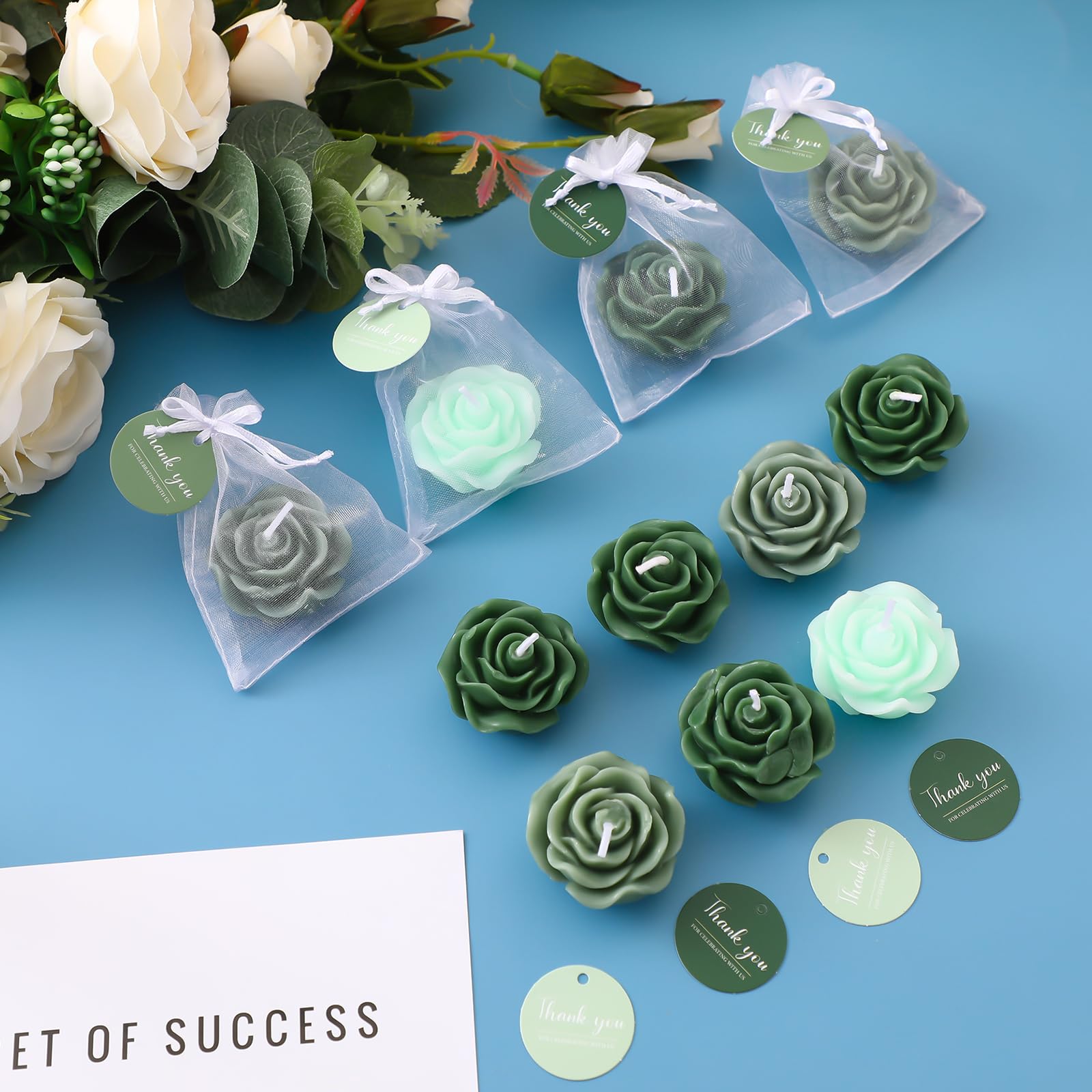 Treela 24 Set Flower Candles Wedding Favor for Guests Mini Sage Green Rose Shaped Tealight Candles for Return Gift Wedding Birth