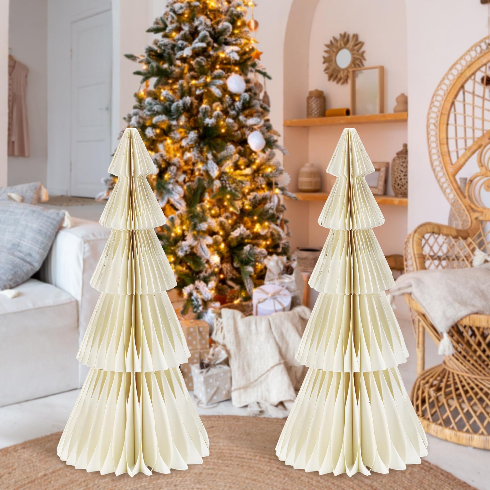 Motipuns 2 Pcs 20 Inch Large Paper Christmas Trees Decorations 3D White Honeycomb Neutral Christmas Trees Glitter Edge Magnetic