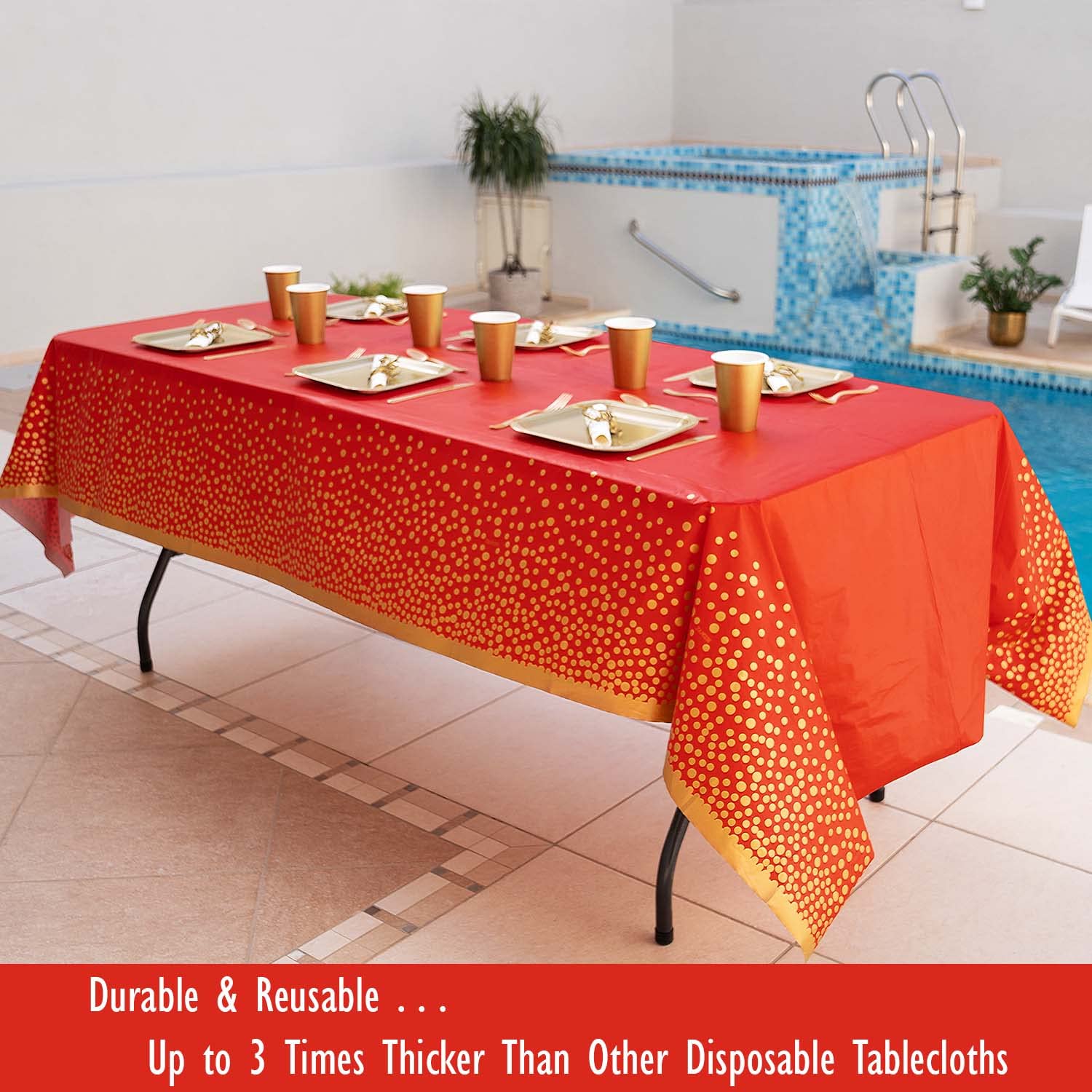 Zuladise 2 Pack Red Plastic Table Cloths Disposable Red And Gold Tablecloth For Parties, Graduation, Birthday, Christmas Party D