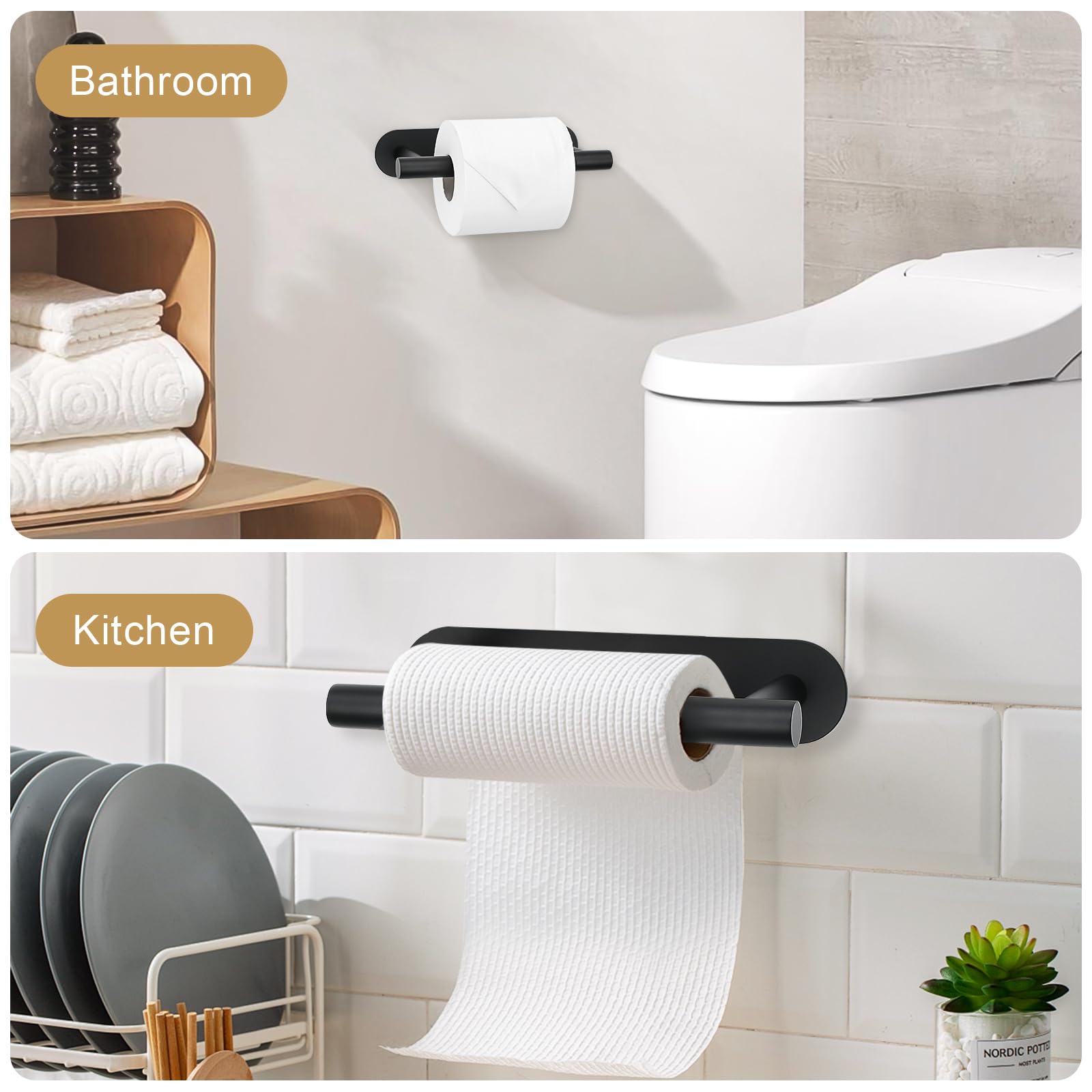 Self Adhesive Matte Black Toilet Paper Holder, Sus304 Stainless Steel Toilet Roll Holder, Double Base Paper Towel Holder Wall Mo