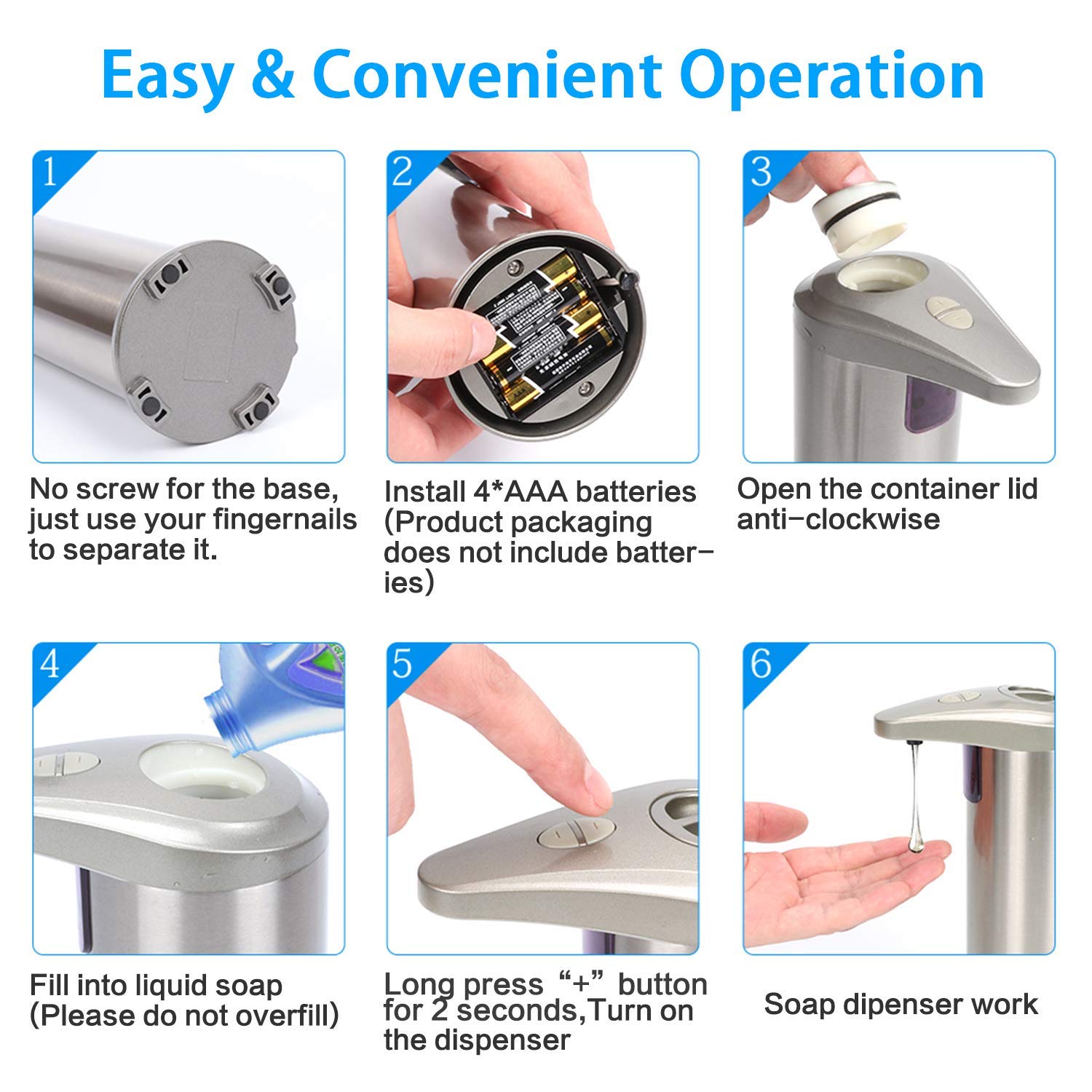 Sensor Soap Dispenser,Battery Operated Refillable Soap Dispenser Infrared Automatic Soap Dispenser, Brushed Stainless Steel Touc