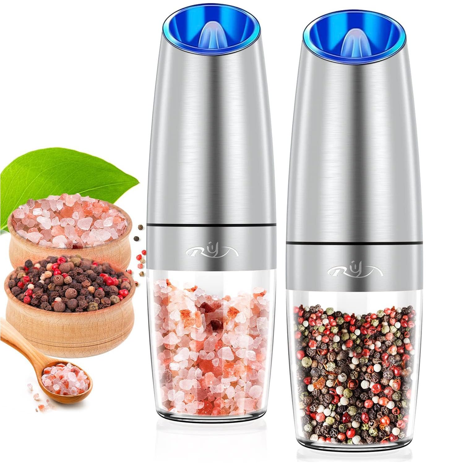 Rongyuxuan Gravity Electri Salt And Pepper Mill Set,Pepper Grinder With Ceramic Rotor,Acrylic Container,Stainless Steel Middle,B
