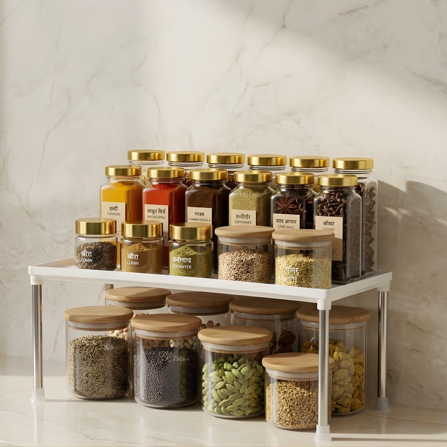 Satpurush 1Tier Kitchen Organizer Rack  SpaceSaving Metal Countertop Shelf For Spice Jars, Oil Bottles & Containers, Modern S