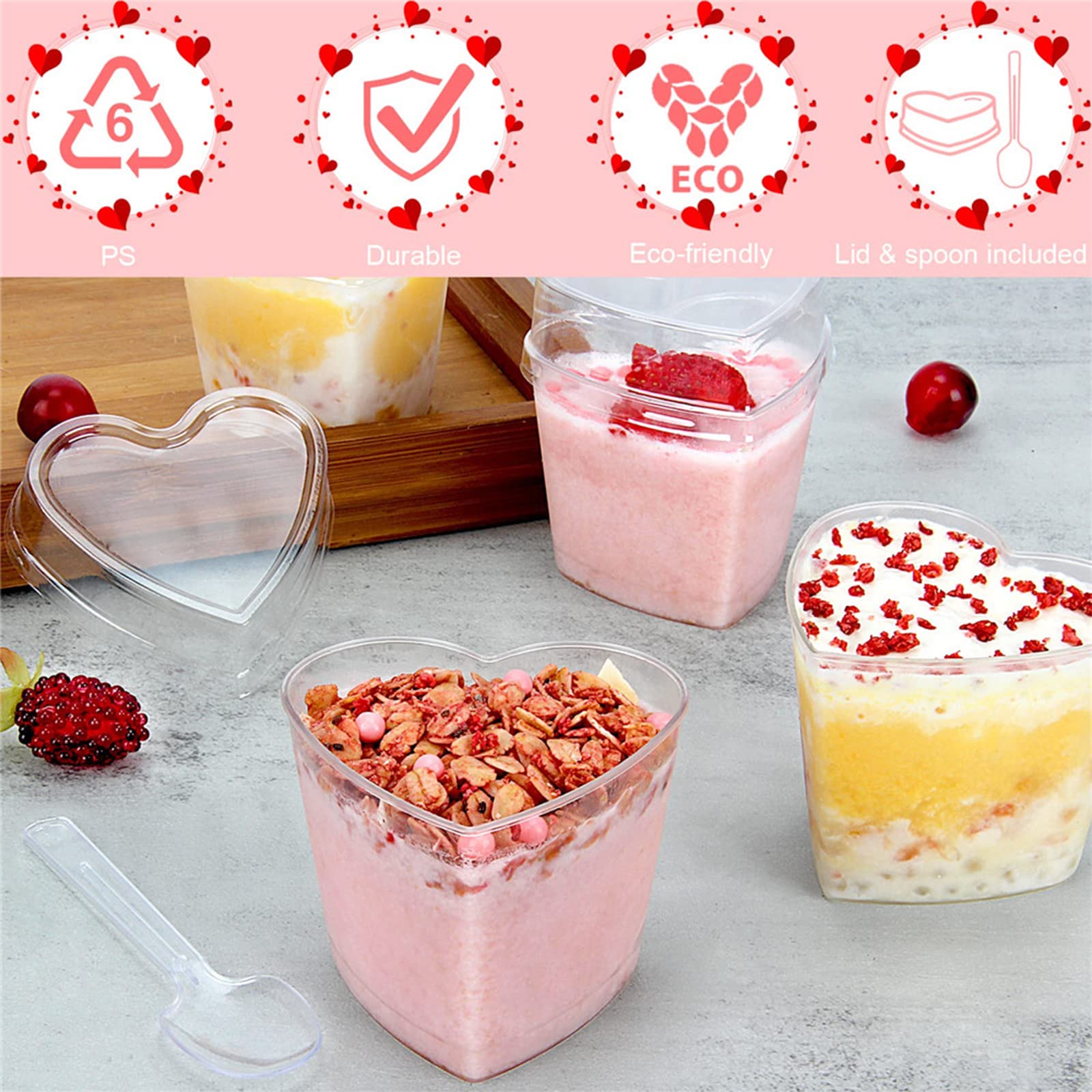Yuxitia 50 Pcs Heart Plastic Mini Dessert Cups With Lids And Spoons 5 Oz Clear Parfait Cups Appetizer Cups With Lid For Party Pu