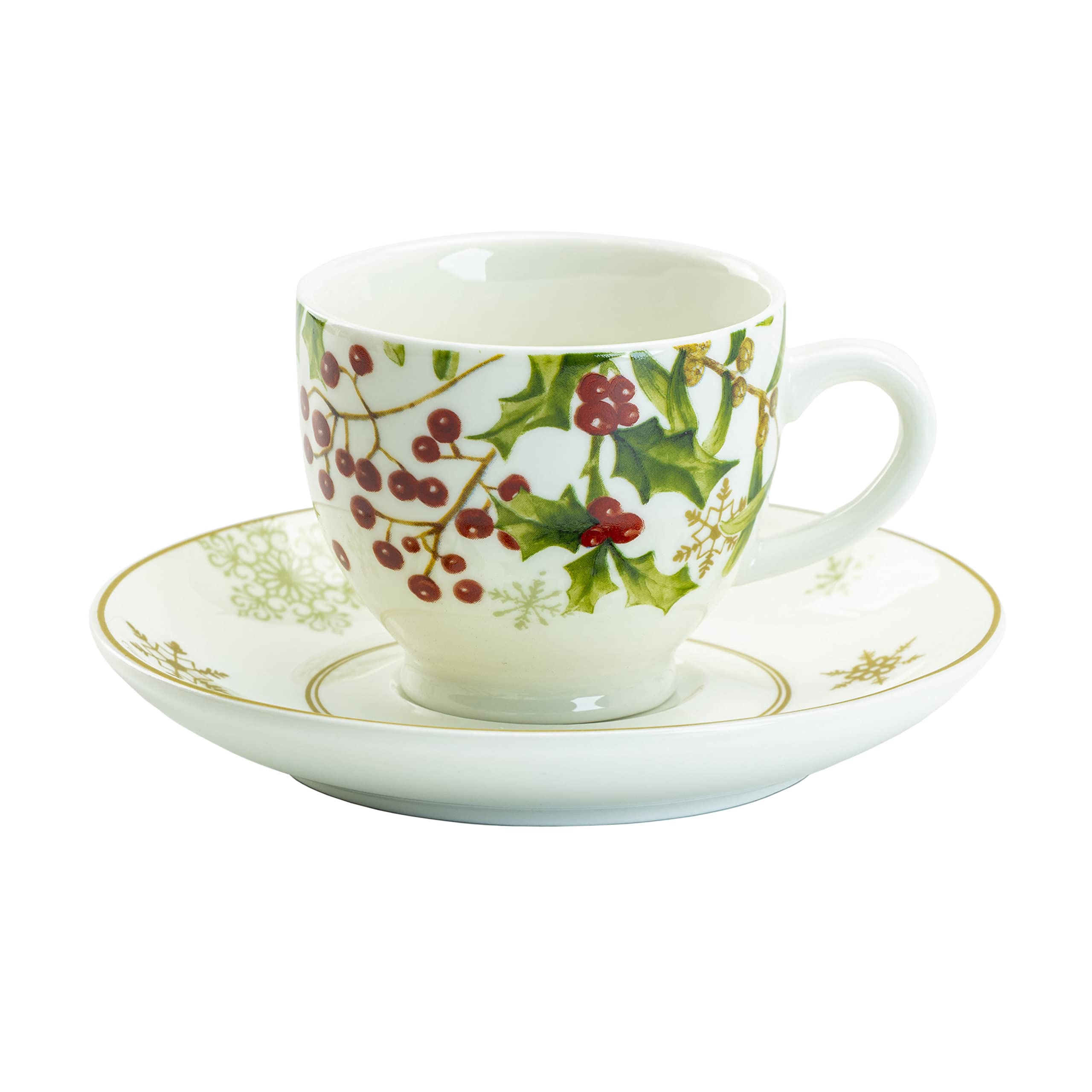 Gracie China Poinsettia Berry Porcelain 3-Ounce Set Of 2 Espresso Cup And Saucer Gift Boxed, Holiday Giftware