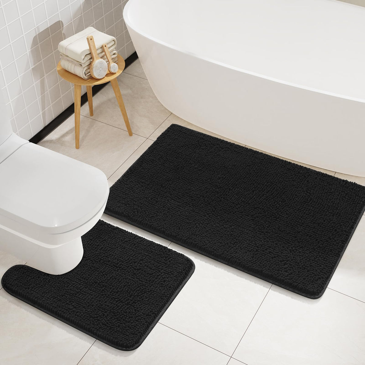 Lochas Bathroom Rugs Sets 2 Piece, Soft Non Slip Bath Mat Set, 20''X20'' U-Shaped Toilet Rug And 34''X21'' Black Bathroom Rugs,