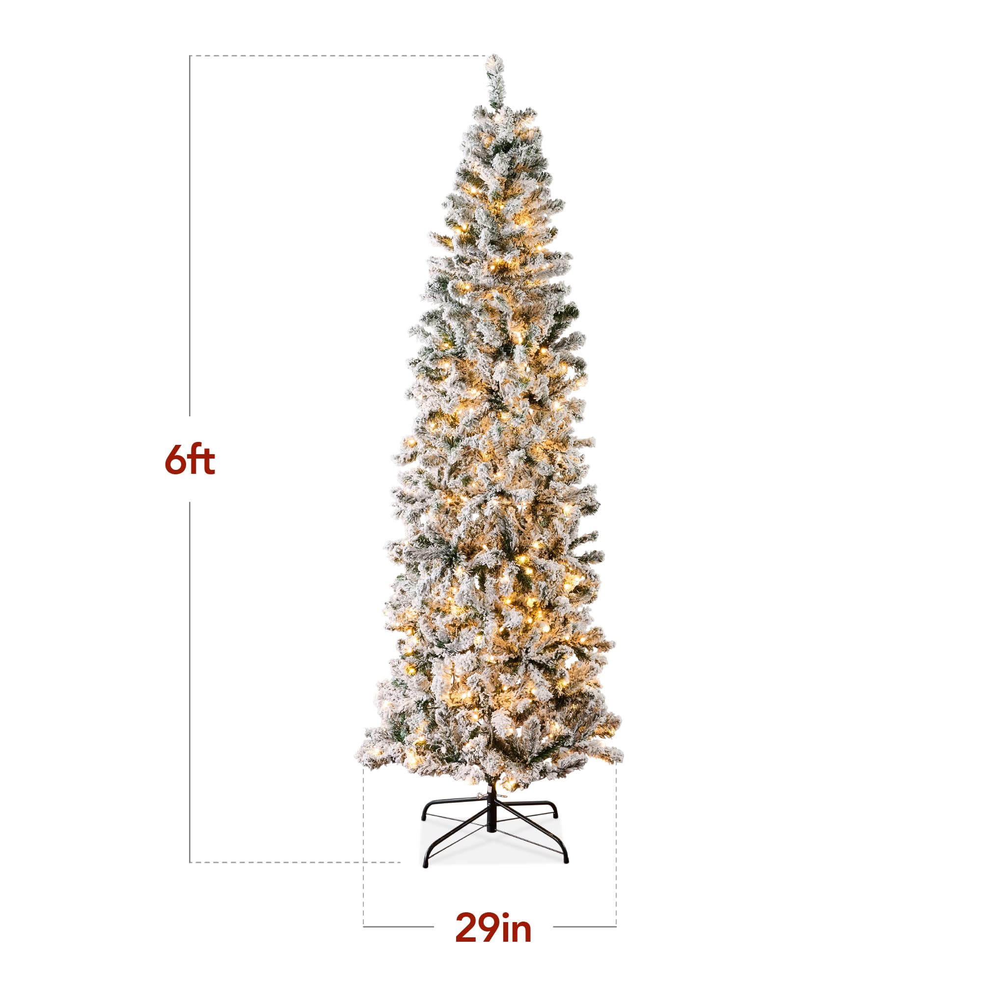 Best Choice Products Flocked Pencil Christmas Tree, Pre-Lit Slim Artificial Holiday Decoration, 6ft Lighted Skinny w/Base, Warm