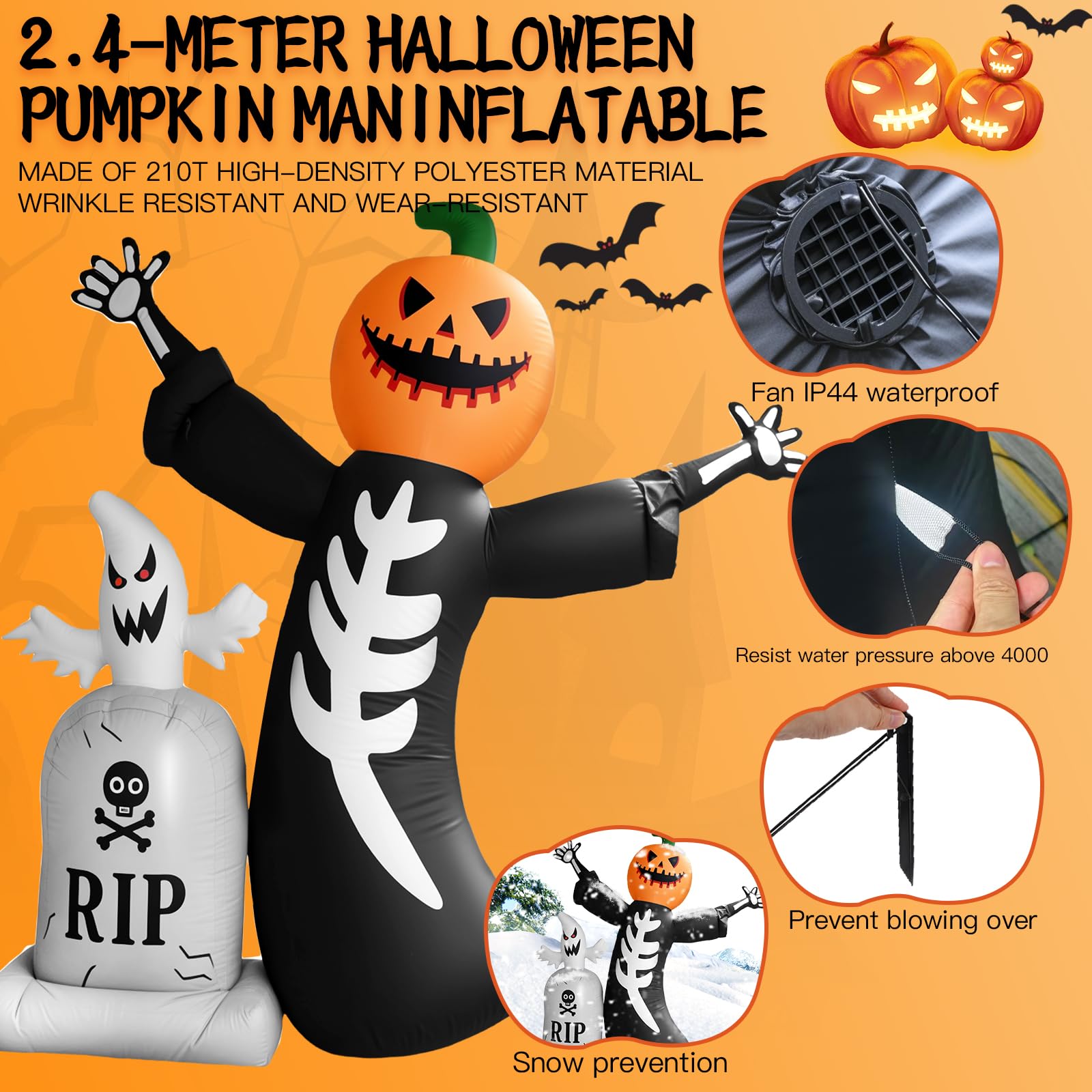 8FT Halloween Inflatable Outdoor Decoration Pumpkin Skeleton with Ghost Decorations LED Lights Built-in Blow Up Garden Lawn Yard