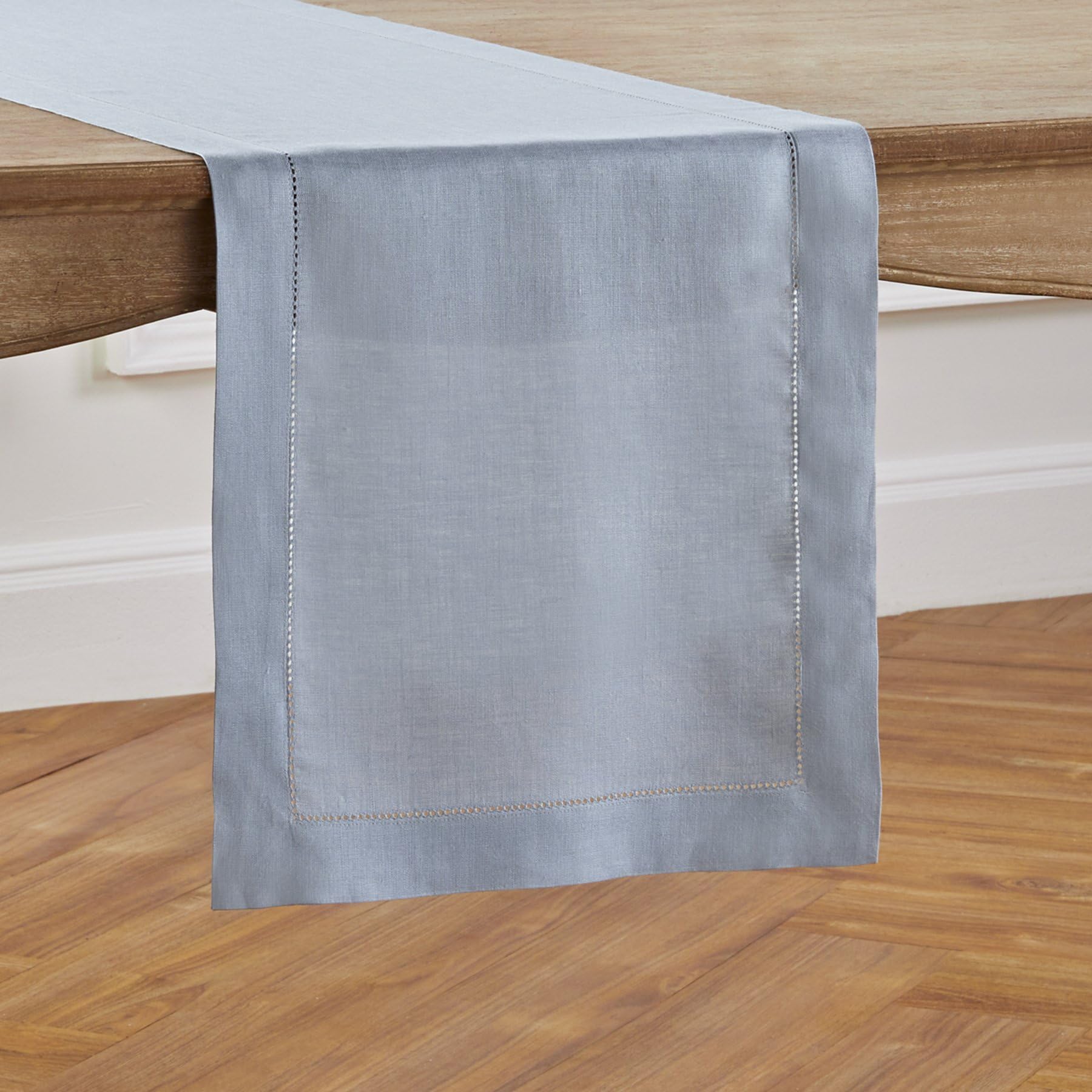Solino Home Linen Dusty Blue Table Runner 60 Inch - 100% Pure Linen Classic Hemstitch Short Table Runner 14 X 60 Inch Ideal For