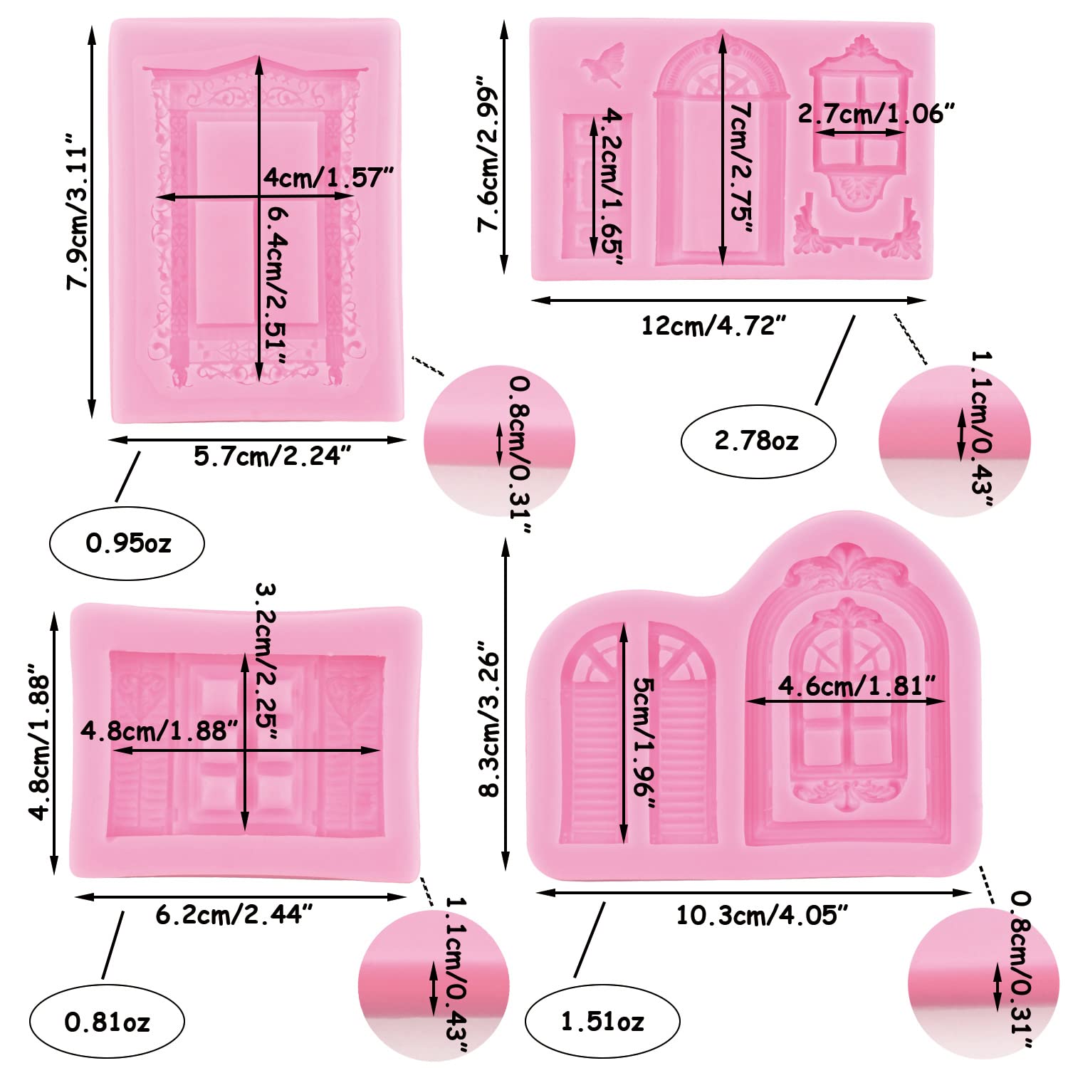 Mujing Window Door Silicone Mold Fondant Molds For Chocolate Cake Decorating Candy Gum Paste Set Of 4