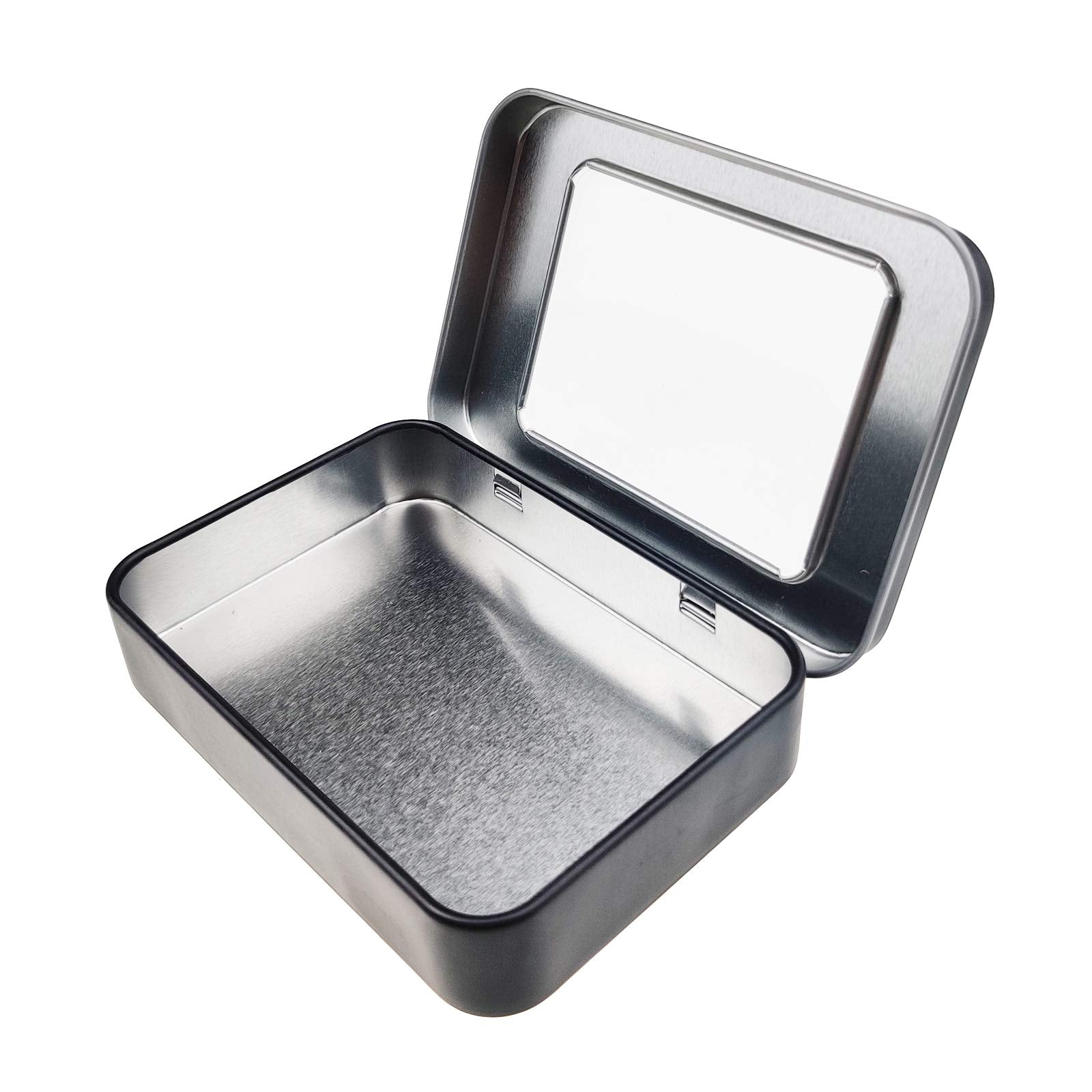 12 Pack Empty Rectangular Metal Storage Organizer Tins With Clear Window Hinged Lids For Candies, Gifts & Treasures (Black)
