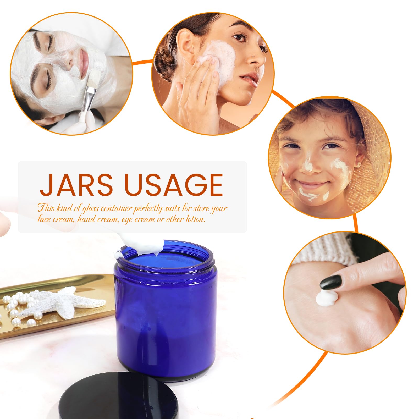 8 Oz Blue Round Glass Jars, Pack Of 2 With Black Lids, Cosmetics Containers For Face Cream Lotion, Powder, Candle, Spice, Body B