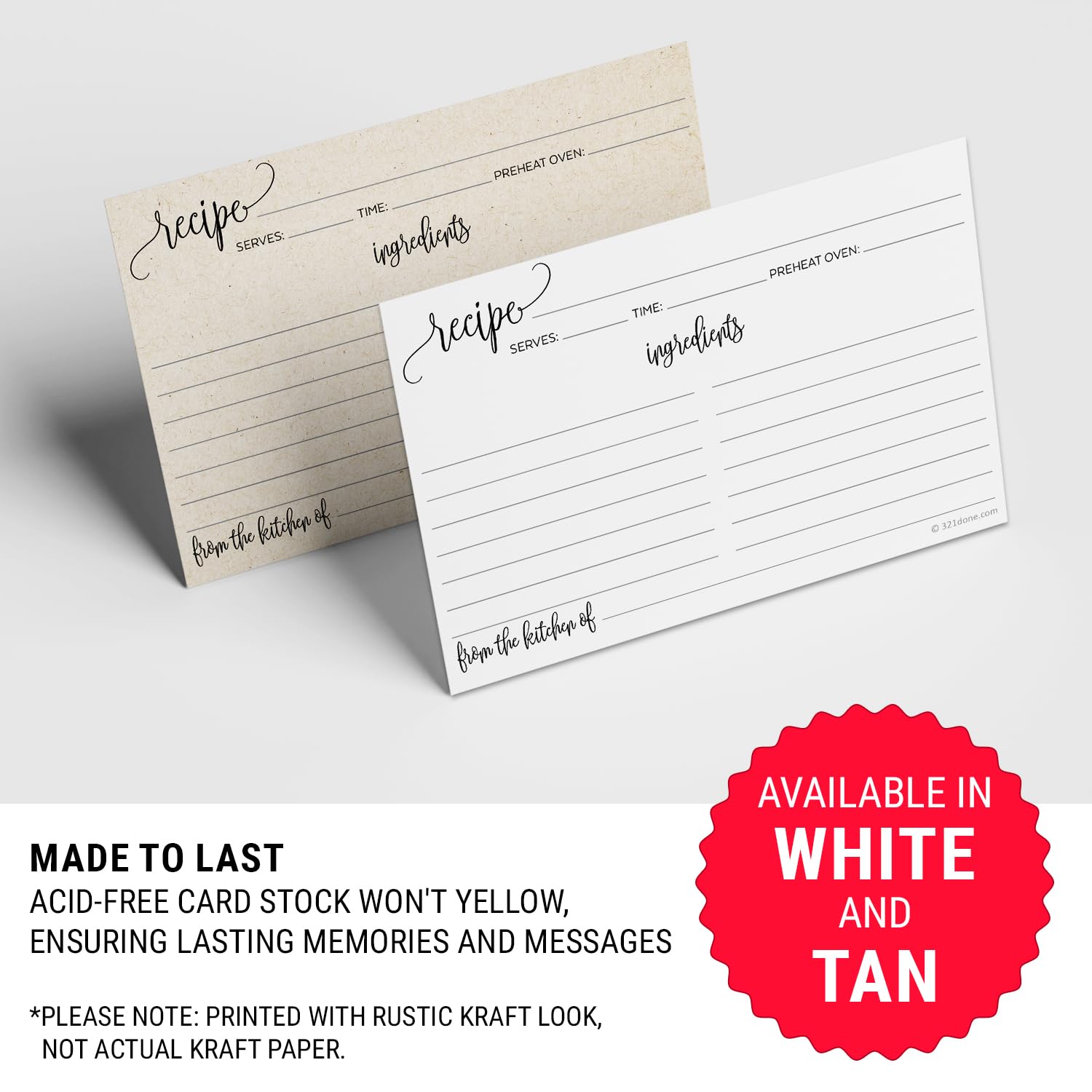 321Done Recipe Cards with From the Kitchen Of (Set of 50) 4x6 - Black and White Modern Minimalist  Large Double-Sided for Weddings  Bridal Shower - Made in USA