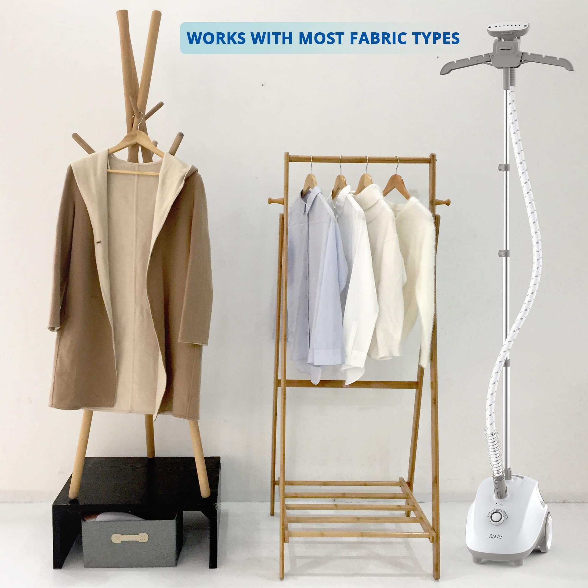 Salav Standing Steamer For Clothes, 1500W Powerful Garment Steamer With Roll Wheels, 4 Steam Settings, High Efficiency Stainless
