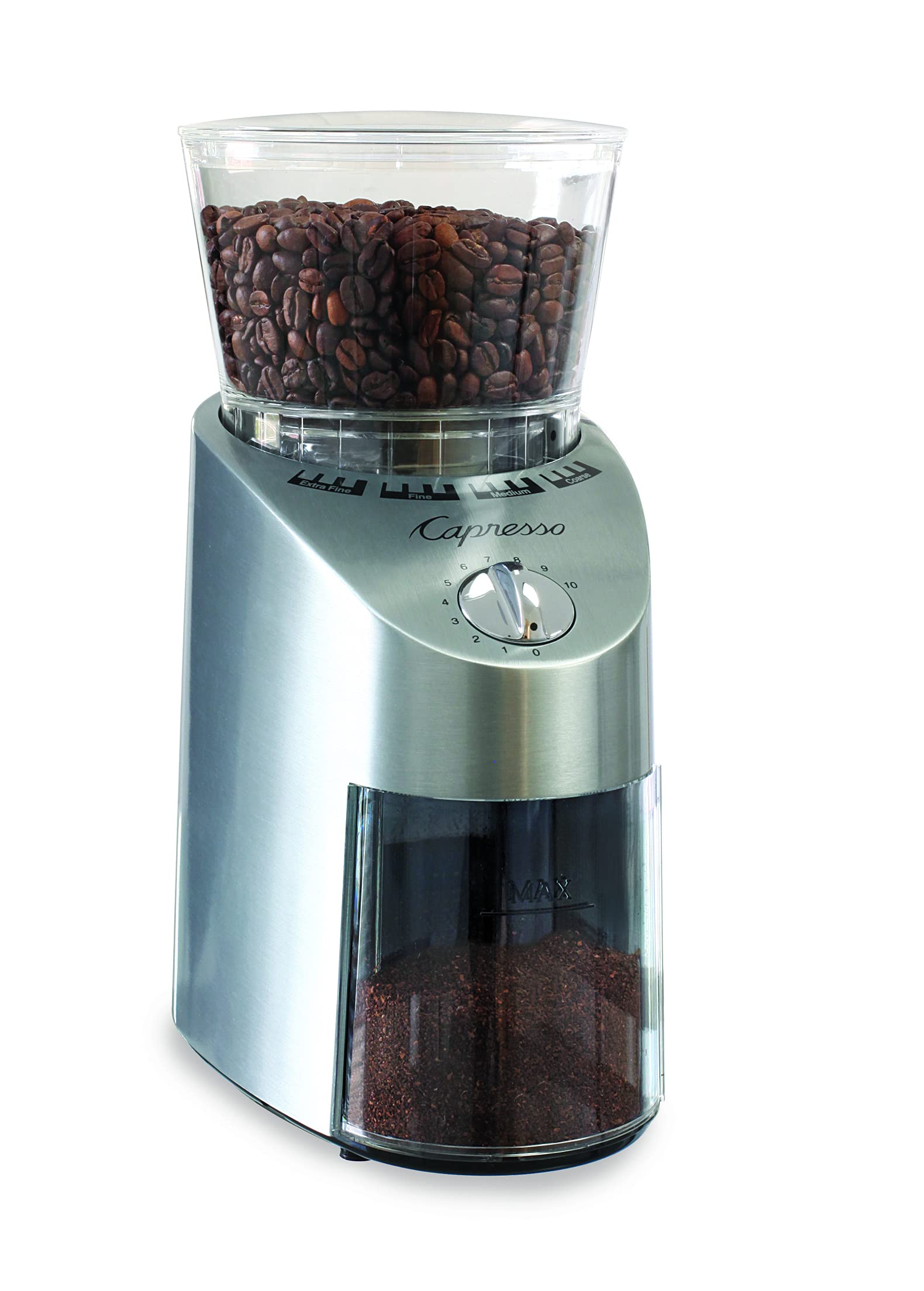 Capresso Infinity Conical Burr Grinder, See-Through Bean Container Holds Up To 8.8 Oz Of Beans