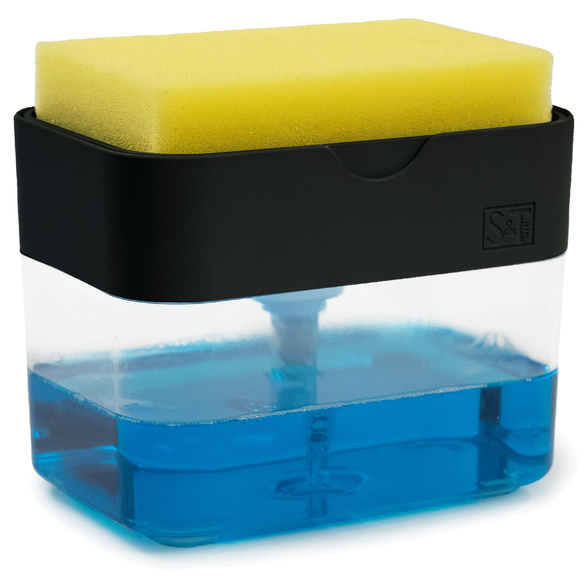 S&T Inc. Dish Soap Dispenser And Sponge Holder For Kitchen Sink With Enhanced Features, Sponge Included, 13 Ounces, Matte Black