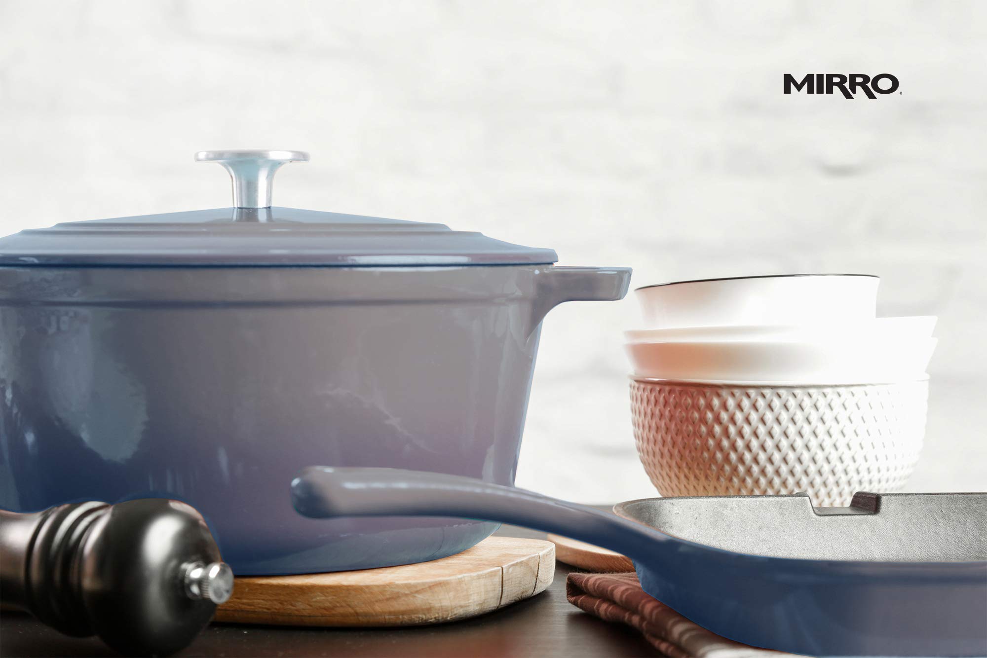 Mirro Mir-19059 4.8 Quart Cast Iron White Enamel Coated Interior Dutch Oven, Grey, Ready To Use