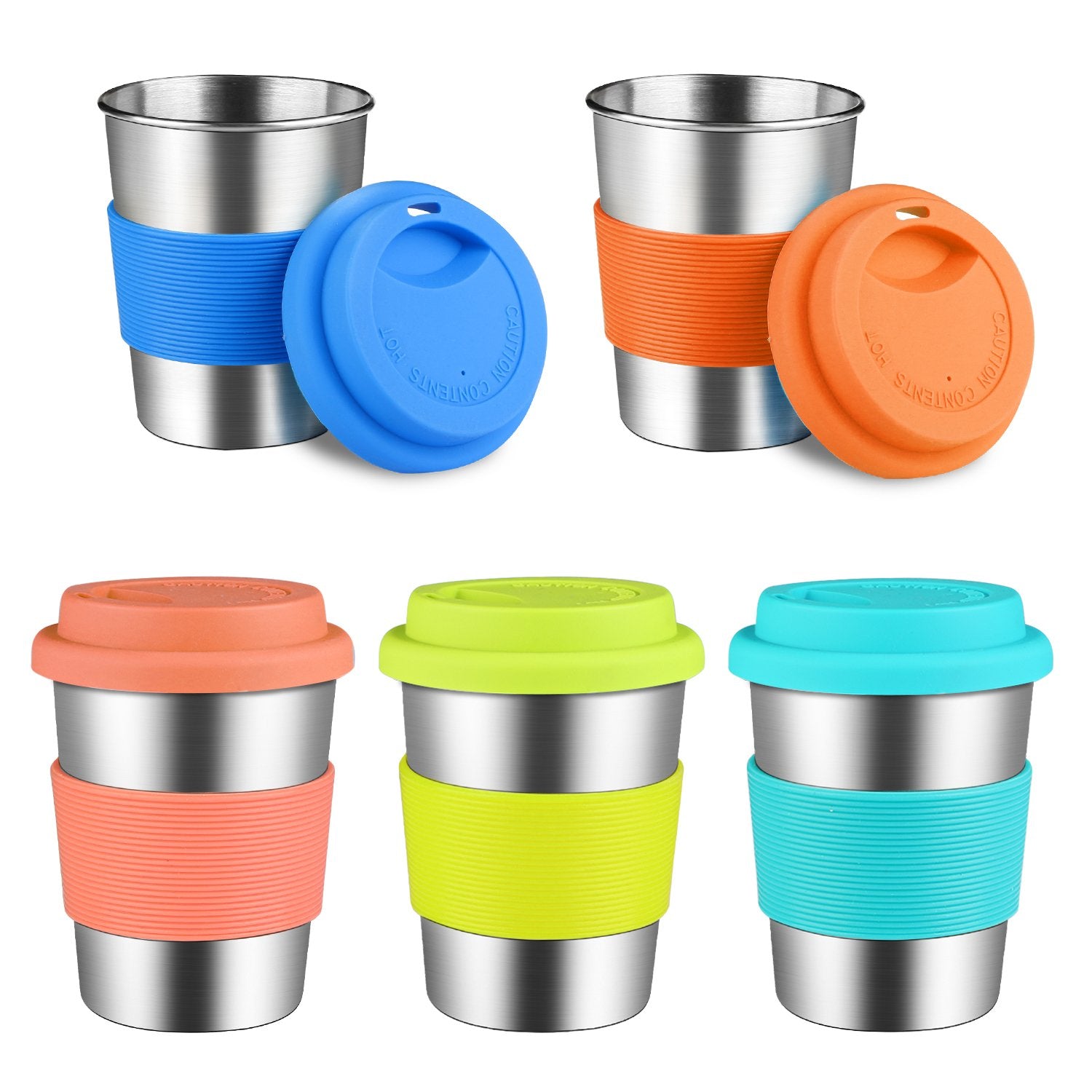 Kereda Kids Stainless Steel Cups With Silicone Lids & Sleeves, 5 Pack 8 Oz. Drinking Tumblers Eco-Friendly Bpa-Free For Children