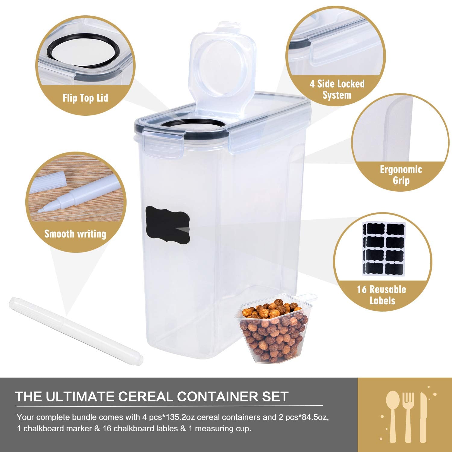 Fooyoo Cereal Containers Storage Set - 6 Piece Airtight Large Dry Cereal Storage Containers(135.2Oz), Bpa Free Dispenser Plastic