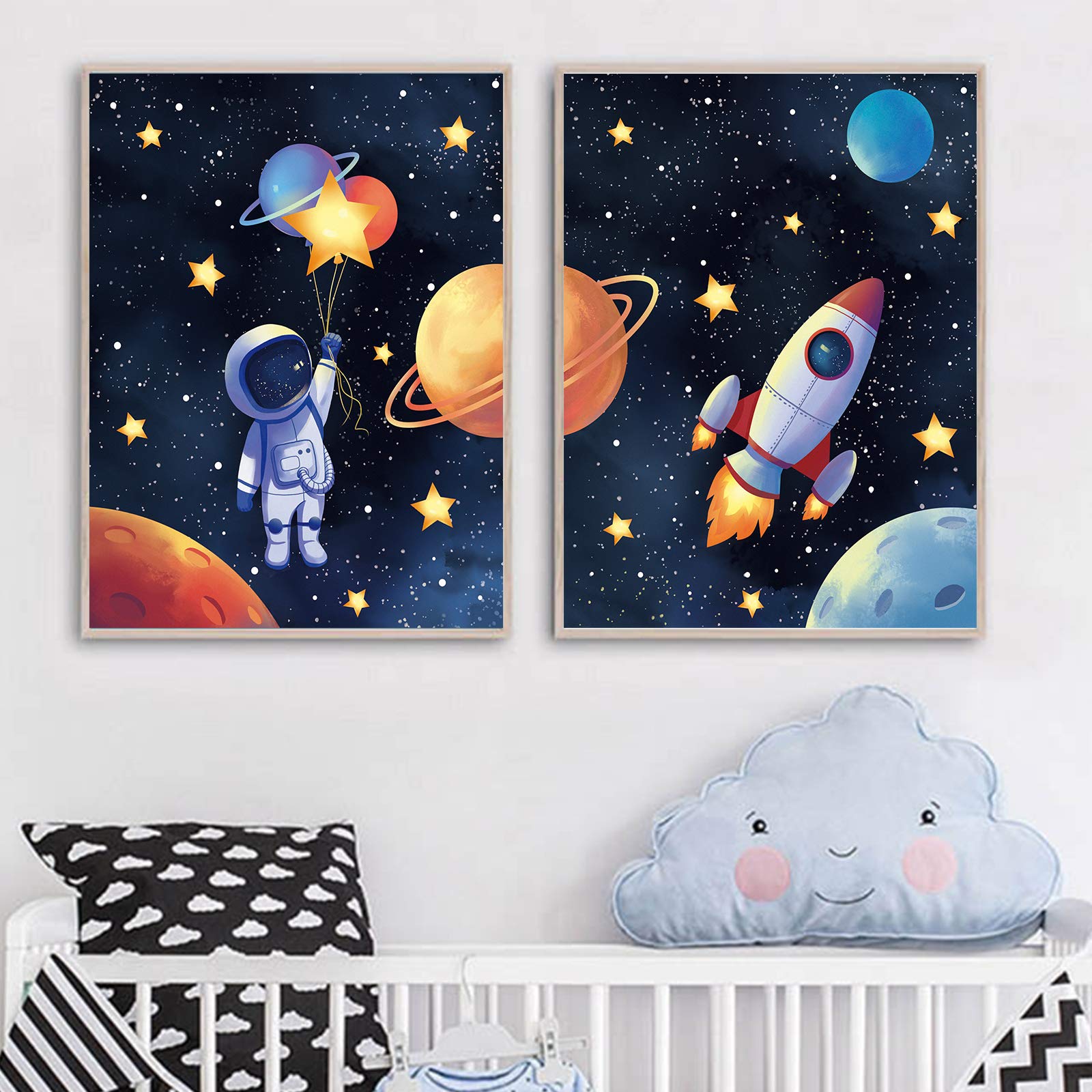 Mwoot Space Astronaut Canvas Poster For Boys Bedroom Wall Decor, 3Pcs3 Kids Children Playroom Wall Art Print (30X40Cm), Solar Sy