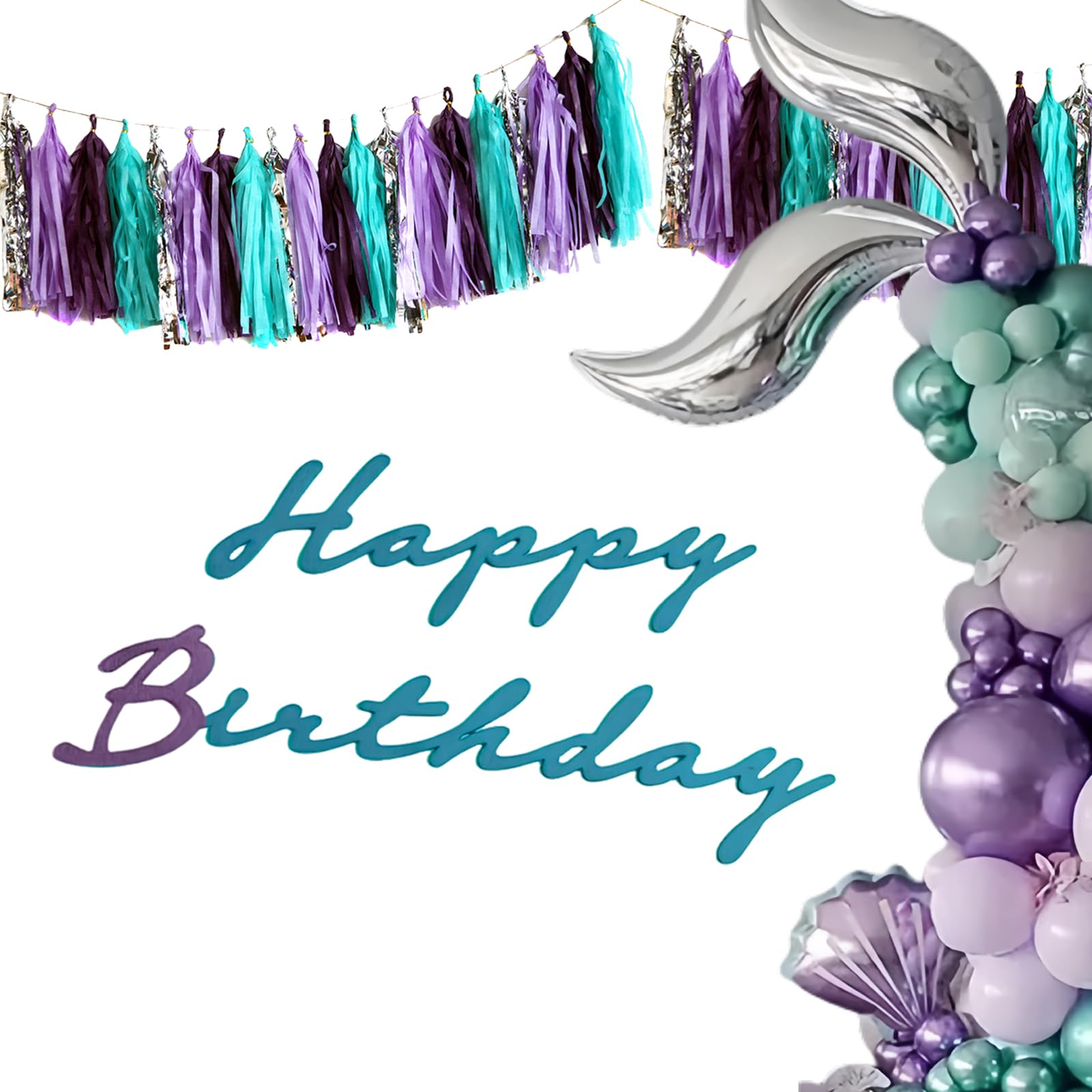 Teal Purple Lavender Silver Tissue Tassel Garland for Girl, Banner for Summer Theme Party Decorations,Pack of 20