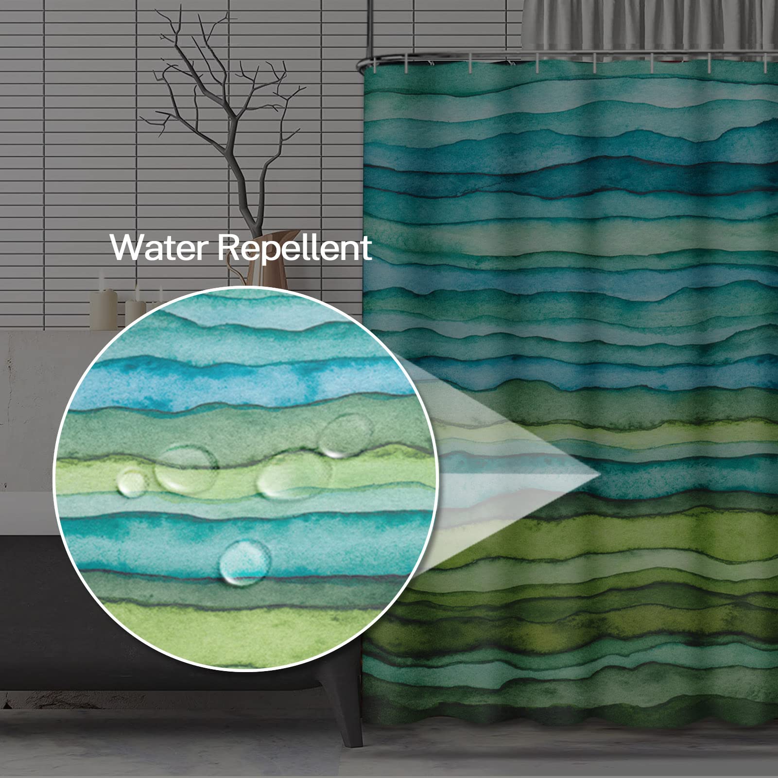 Emvency Shower Curtain Abstract Bright Blue And Green Waves Stripped Watercolor Brush Drawn Waterproof Polyester Fabric 72 X 72