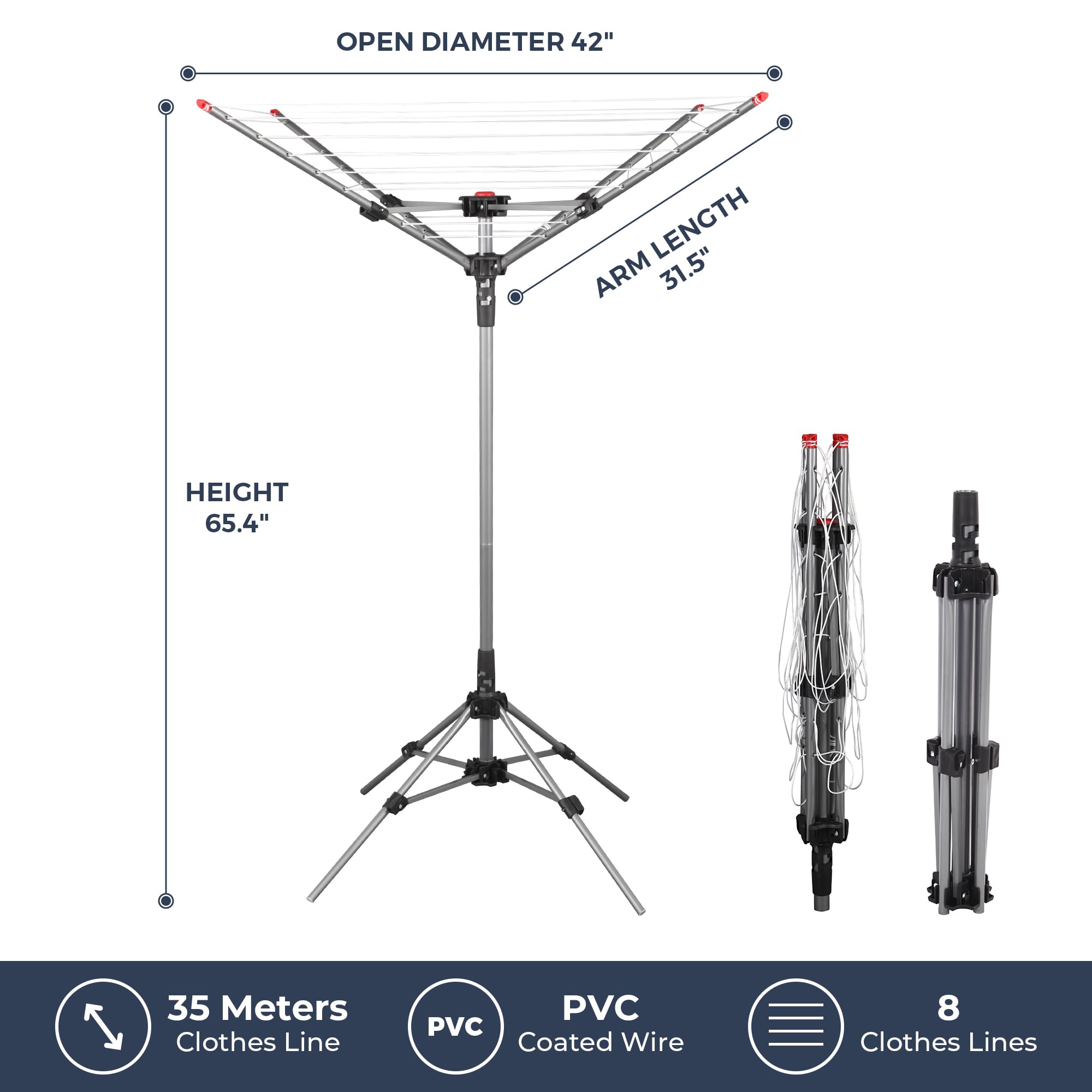 Sto Sto Umbrella Clothesline For Laundry, 4-Arm 8 Lines With 82 Feet Drying Space, Steel Frame, Adjustable Height, Outdoor Umbre
