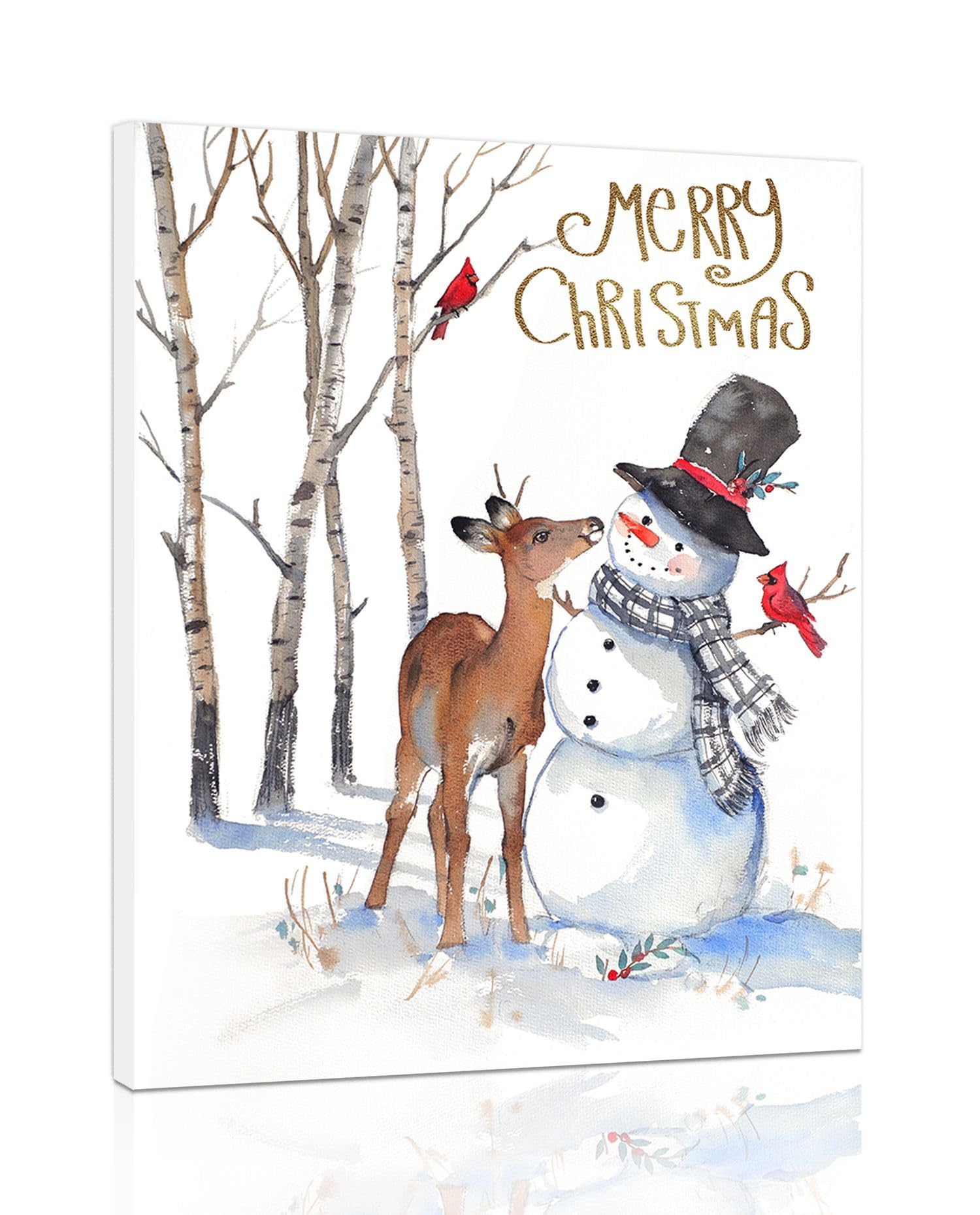 Merry Christmas Canvas Wall Art: Snowman Deer And Cardinal Red Bird Christmas Decor Picture Print - Winter Scene Painting White